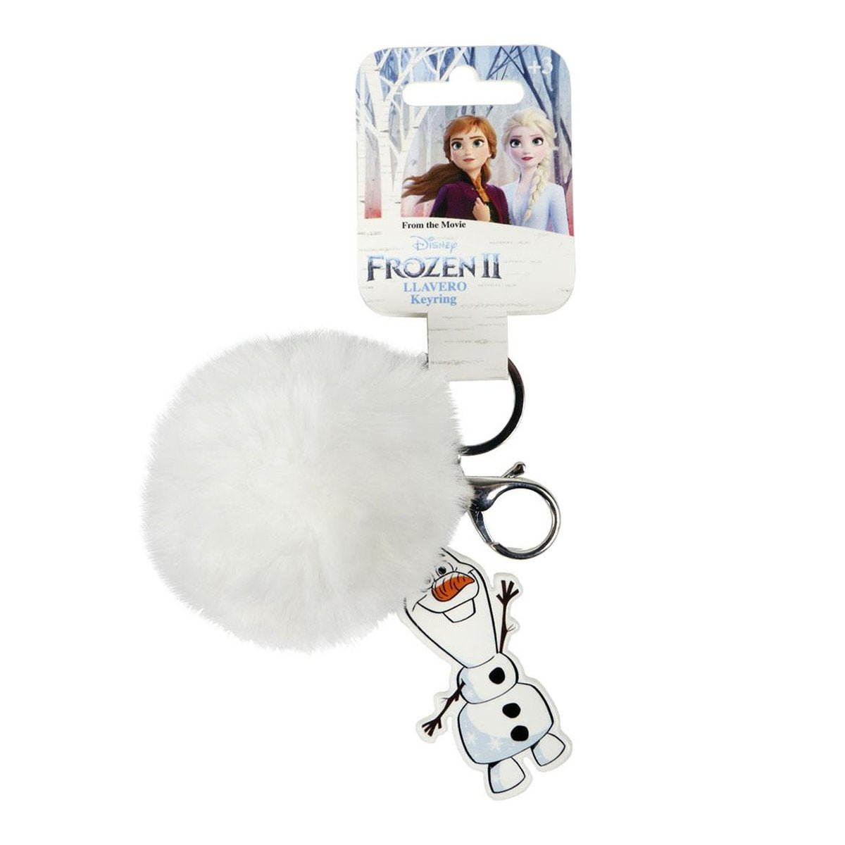 Un llavero de Frozen II con un pompón blanco, un dije de Olaf y una etiqueta con Anna y Elsa.