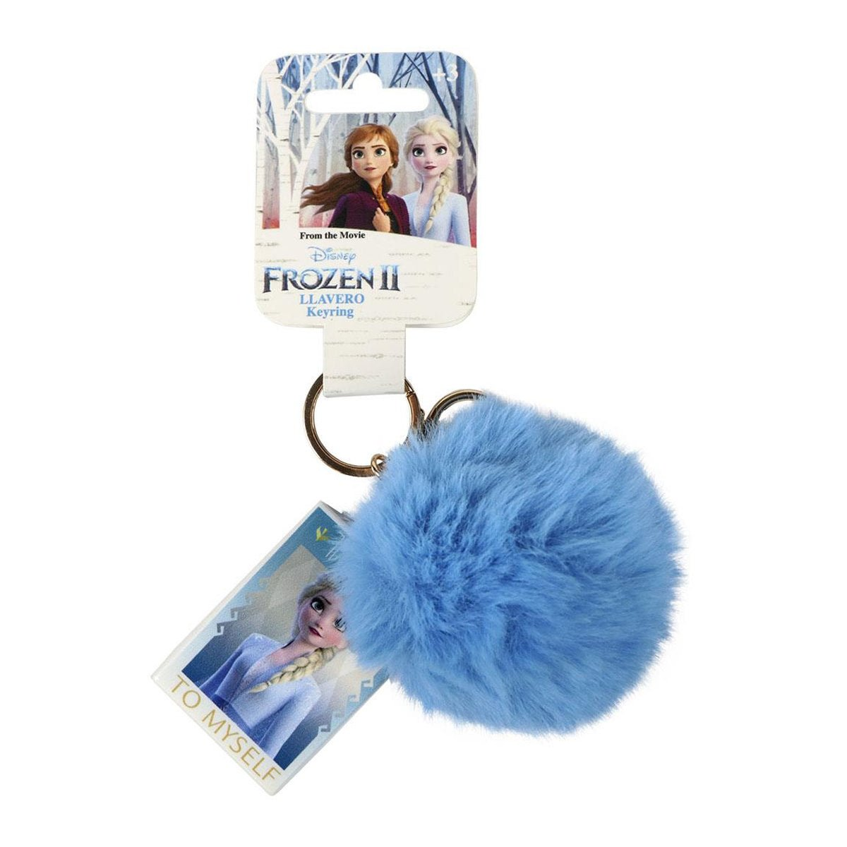 Un llavero de Frozen II con una bola azul y esponjosa, una etiqueta con la imagen de Elsa y otra con Anna. El llavero dice "To Myself".
