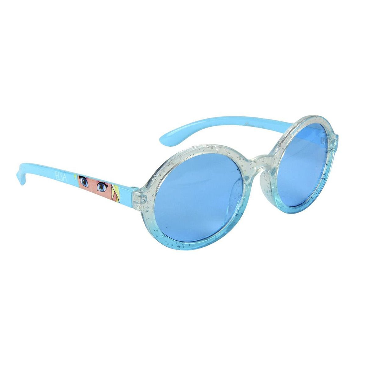 Gafas de sol azules y transparentes para niños. Las patillas tienen a Elsa de Frozen. Las lentes son azules.