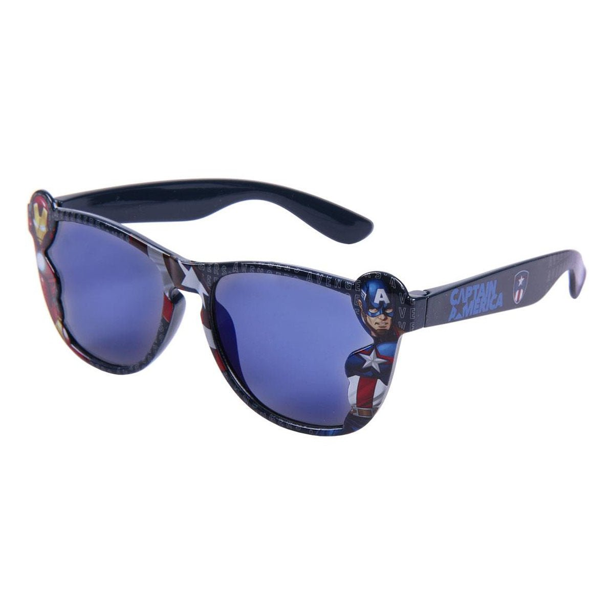Gafas de sol con lentes azules y diseño de Capitán América. Las monturas están decoradas con logos de Vengadores y Capitán América.