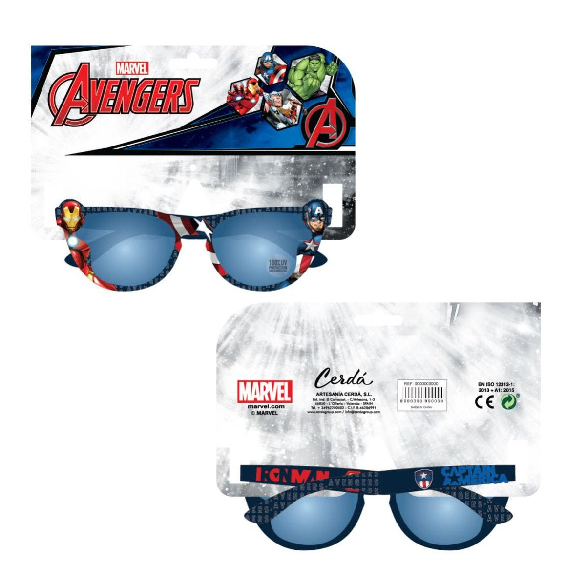 Gafas de sol con los personajes de los Vengadores Iron Man y Capitán América. El empaque tiene el logo de Marvel.