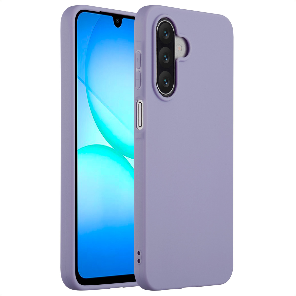 Een lichtpaarse telefoonhoes met een telefoon erin. De telefoon heeft een scherm met een blauwe en witte achtergrond. De hoes heeft knoppen en een camera.