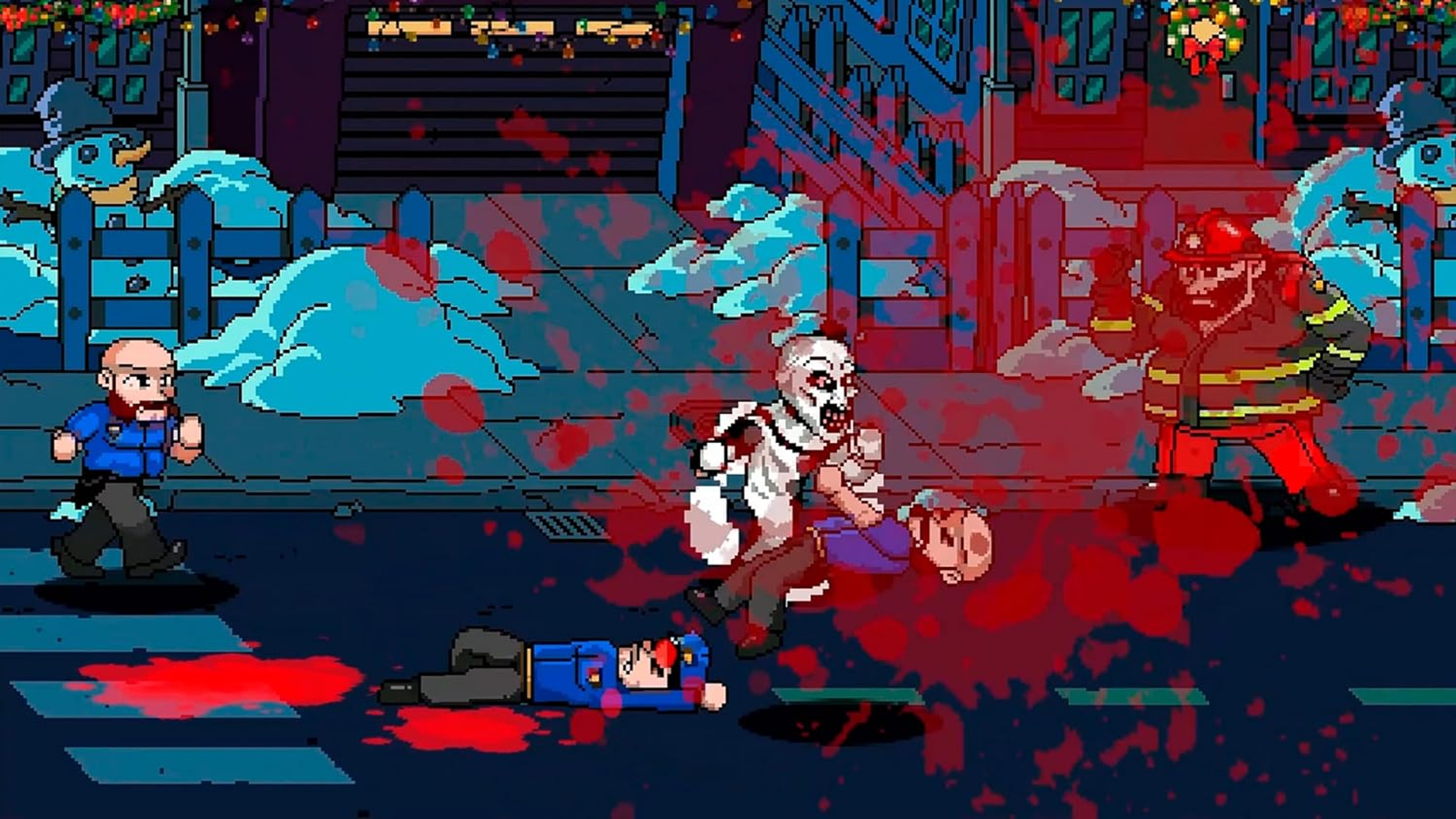 Scena pixel art: Atak zombie. Policjant biegnie, strażak atakuje, ciała na ziemi. Plamy krwi na ulicy. Bałwany w tle.