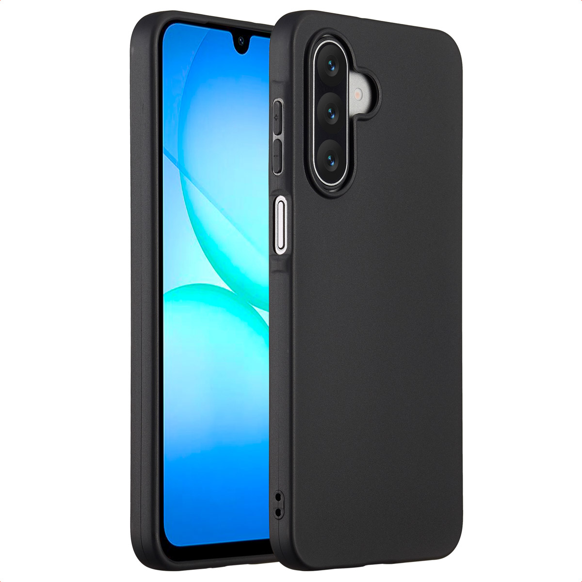 Een zwarte smartphone in een hoesje. Het scherm staat aan en toont een wazige blauw-witte afbeelding. De hoes heeft knoppen en een camera.