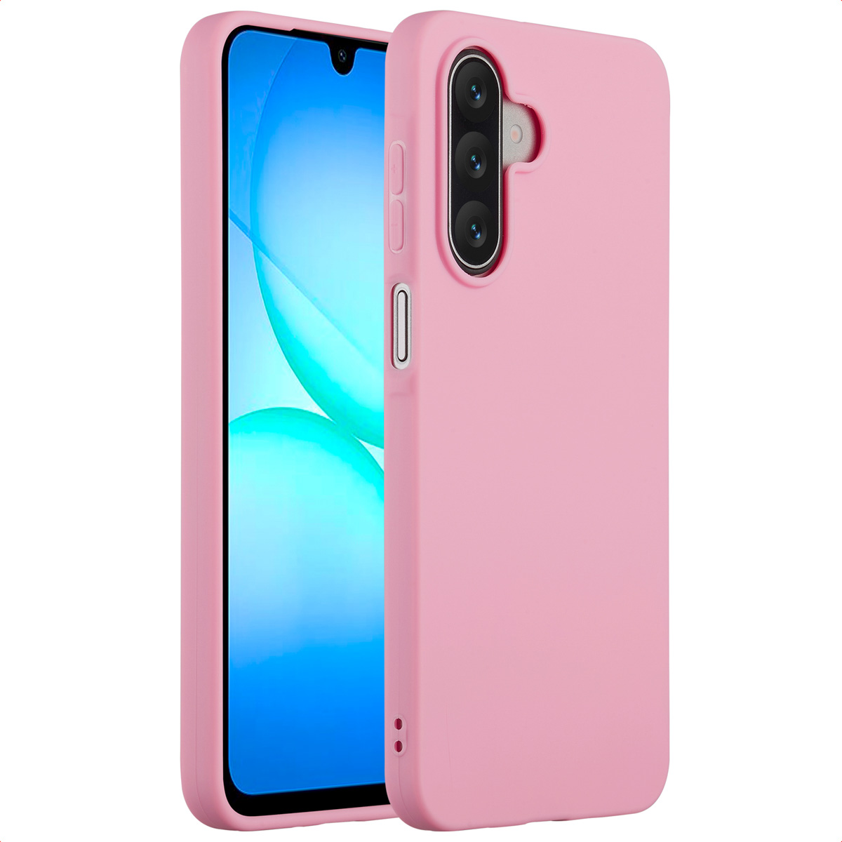 Een roze telefoonhoesje met een telefoon erin. Het scherm toont blauwe en witte cirkels. De hoes heeft camera-uitsparingen en knoppen.