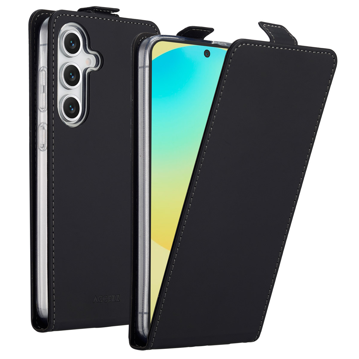 Een zwarte telefoonhoes met een flip cover. De telefoon is zichtbaar en toont een scherm met blauwe en gele tinten.