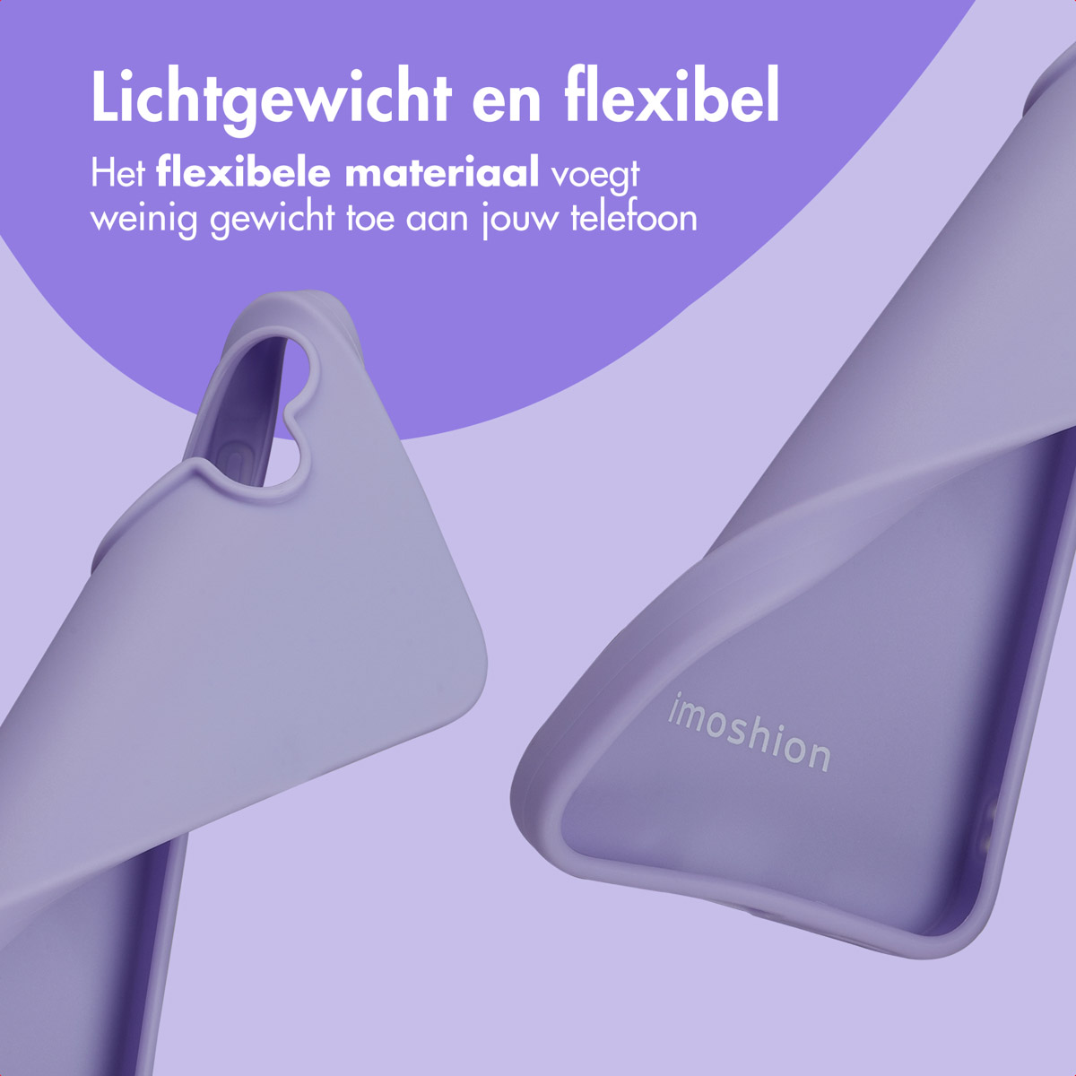 Twee lichtpaarse telefoonhoesjes tegen een paarse achtergrond. Tekst bovenaan zegt 'Lichtgewicht en flexibel'. Imoshion logo is zichtbaar.
