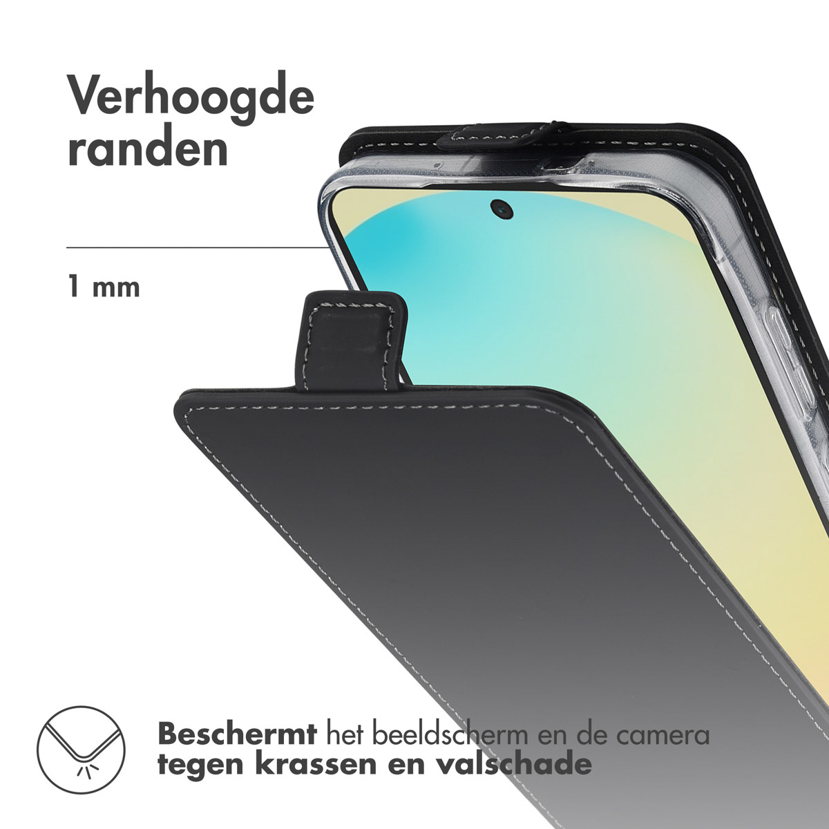 Een telefoonhoes beschermt het scherm. Het is zwart met witte stiksels. De tekst zegt dat het beschermt tegen krassen en schade.