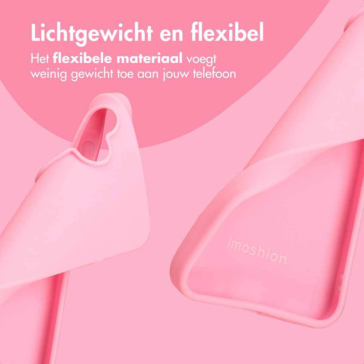 Roze telefoonhoesjes secties tegen een roze achtergrond. Nederlandse tekst: Lichtgewicht en flexibel, voegt weinig gewicht toe aan je telefoon.