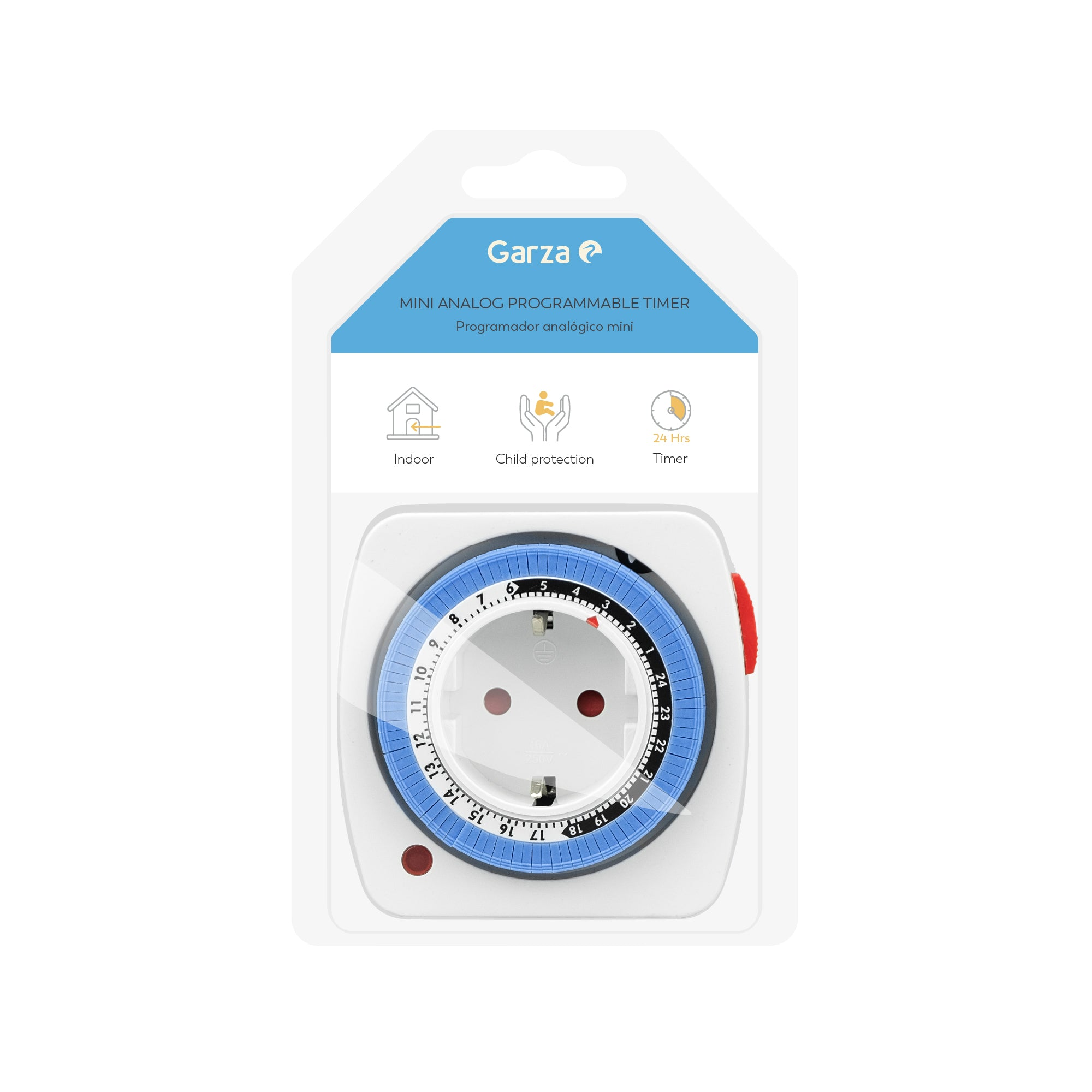Un temporizador analógico Garza empaquetado. Es blanco con detalles azules y rojos, con un dial y un enchufe.