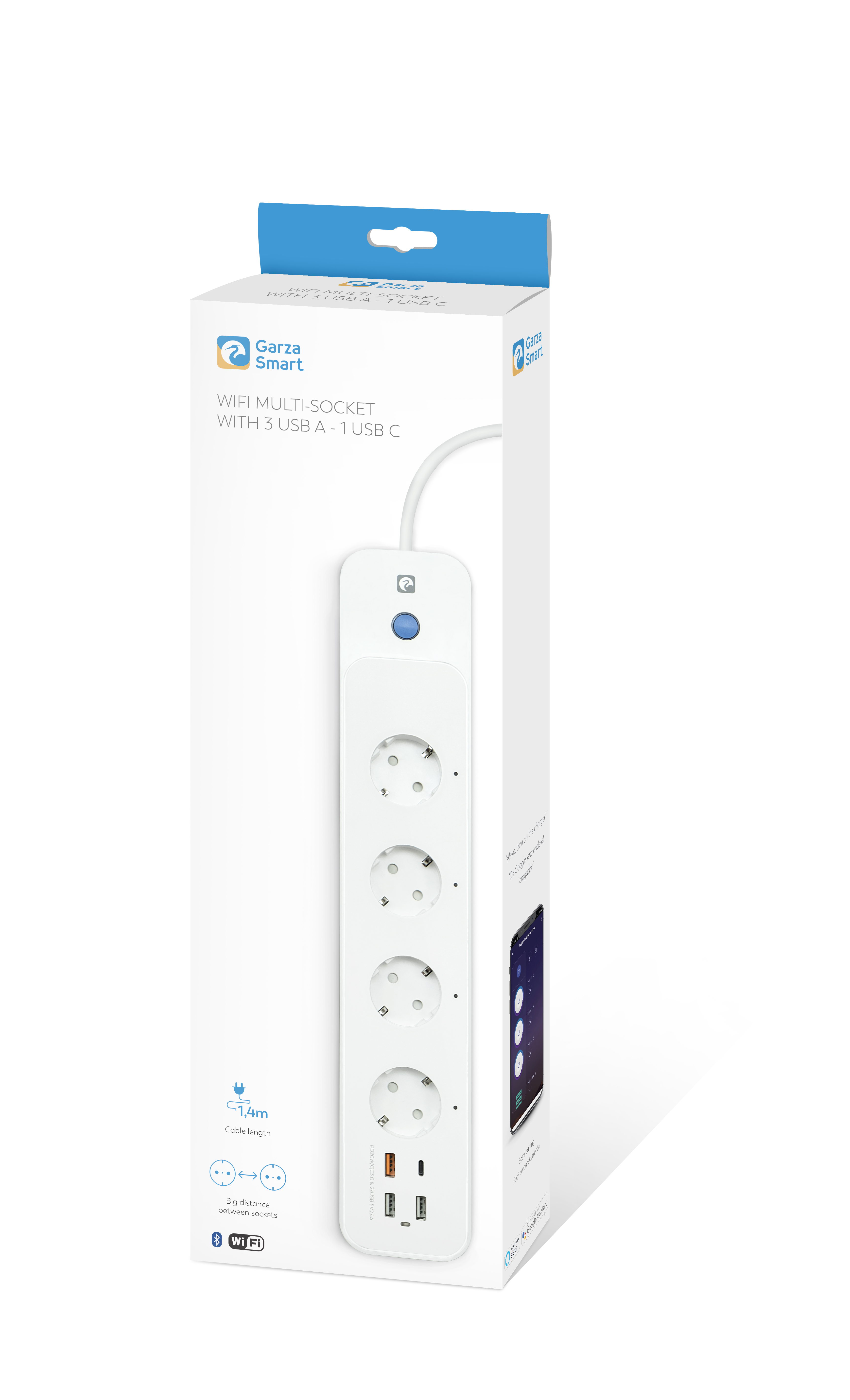 Una caja blanca con un enchufe múltiple WiFi con 3 USB A y 1 USB C. La caja muestra el enchufe, un teléfono y el logotipo de Garza Smart.