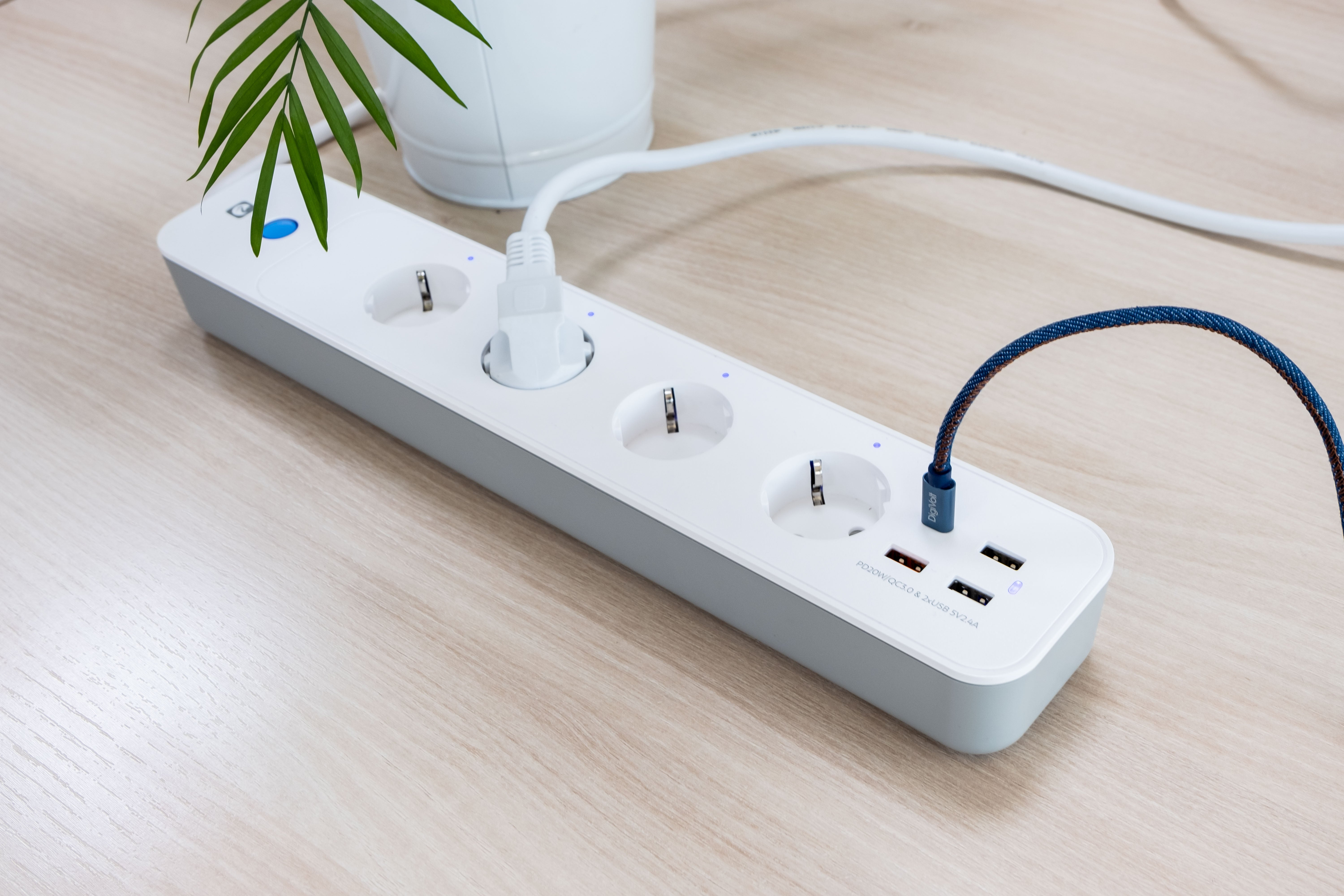 Regleta blanca con enchufes, puertos USB y un cable trenzado azul y marrón sobre una mesa de madera, con una planta.