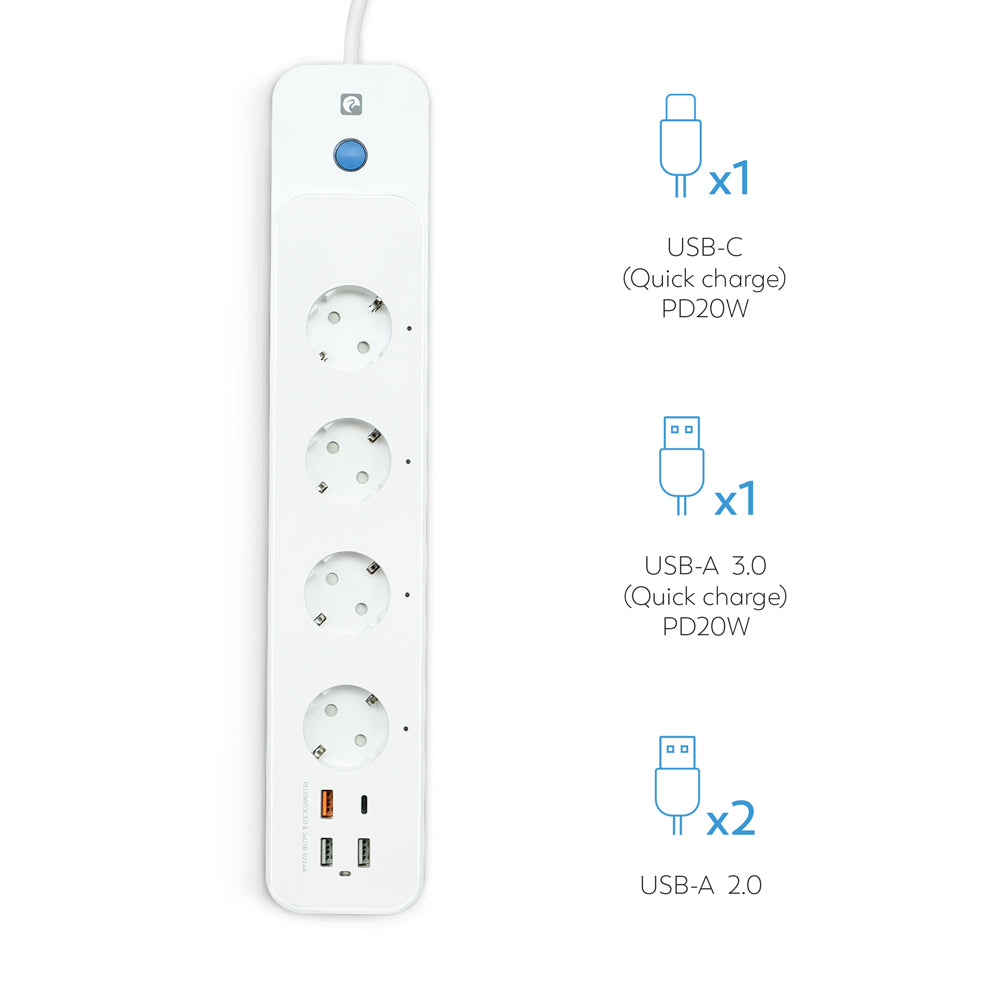 Regleta blanca con cuatro enchufes, un USB-C, un USB-A 3.0 y dos puertos USB-A 2.0. Tiene un botón de encendido azul.