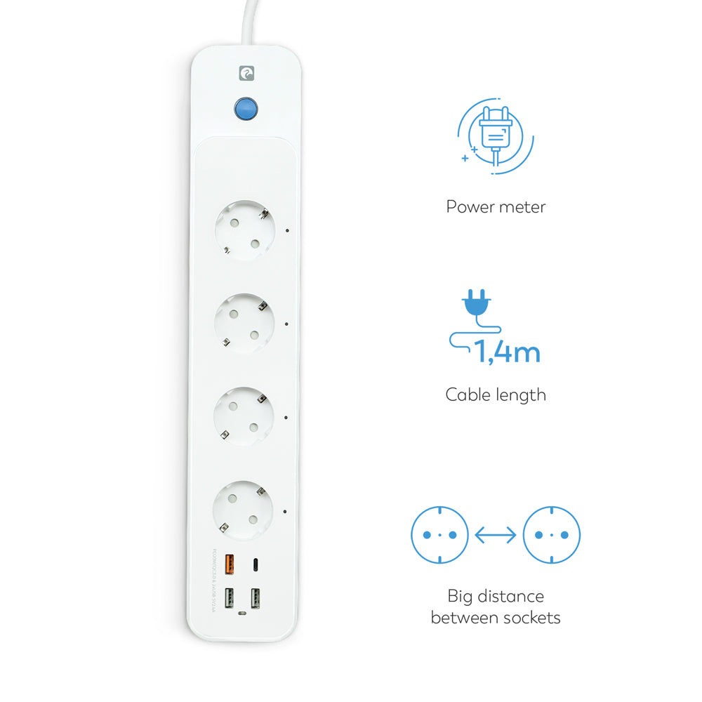 Regleta blanca con 4 enchufes, puertos USB y un botón azul. Iconos muestran medidor de energía, cable de 1,4 m y distancia entre enchufes.