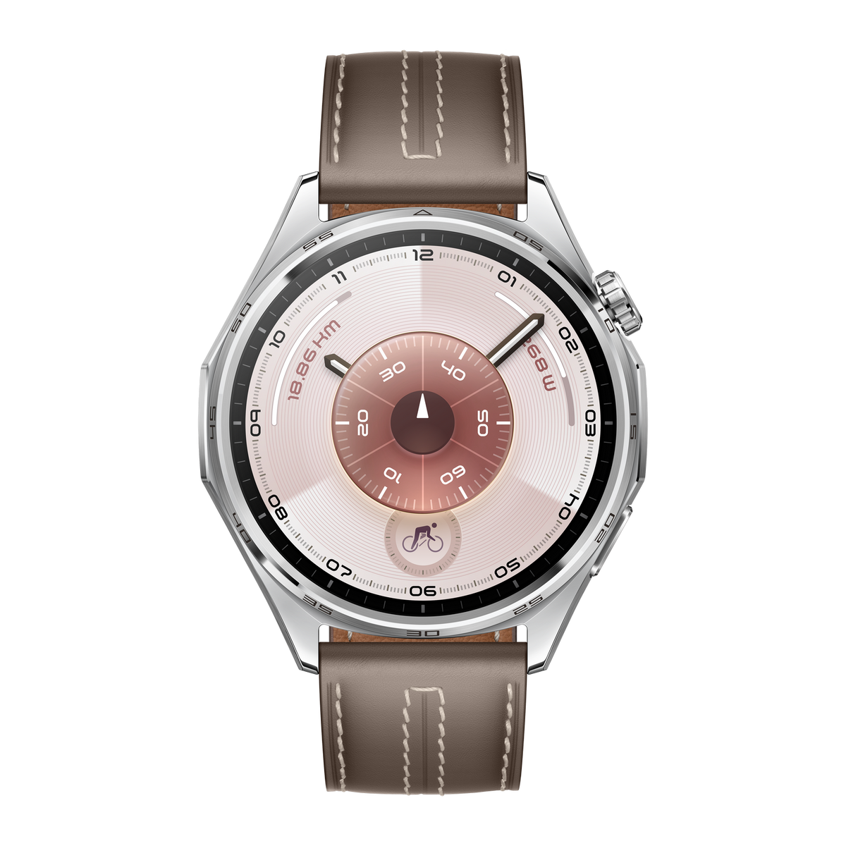 Een zilveren smartwatch met een roze wijzerplaat en bruine leren band. De horloge toont tijd en fitnessgegevens, inclusief een fietsicoon.