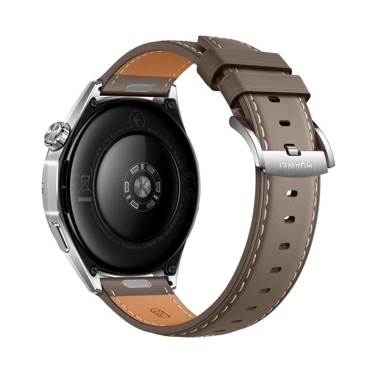 Een zilveren en zwarte Huawei smartwatch met een grijze leren band. De achterkant van het horloge is zichtbaar, met details en markeringen.