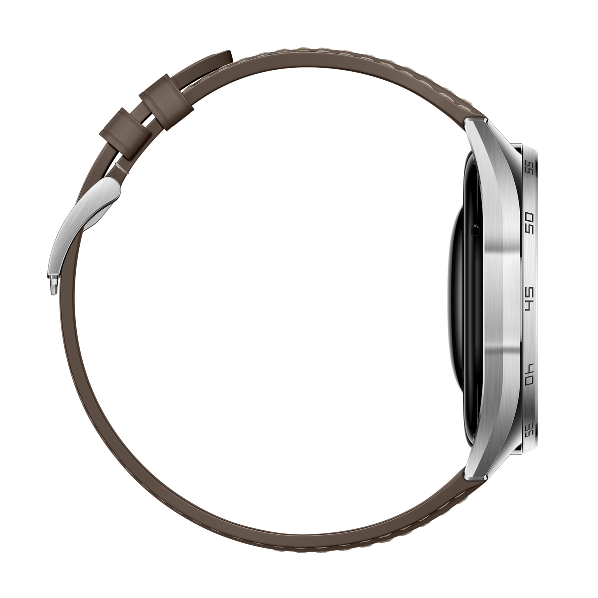 Zijaanzicht van een zilveren smartwatch met bruine leren band op zwarte achtergrond. Cijfers zijn zichtbaar op het horloge.