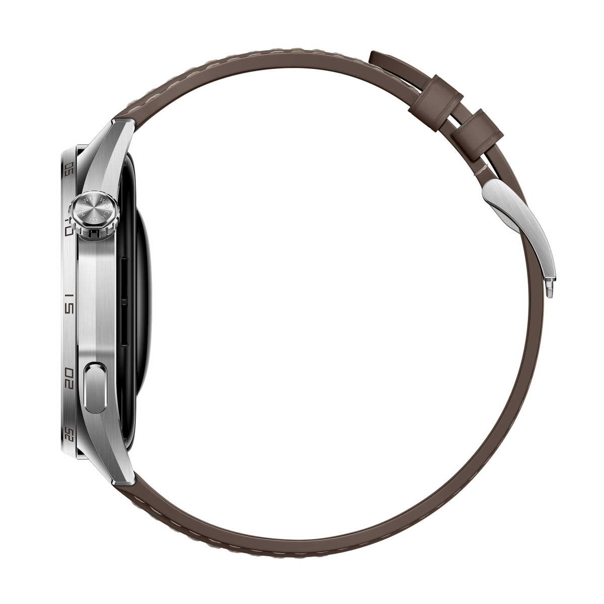 Zijaanzicht van een smartwatch met zilveren behuizing, zwart scherm en bruine leren band. De achtergrond is zwart.