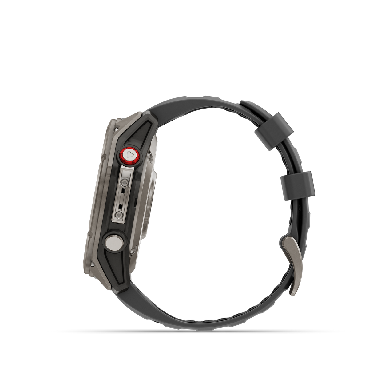 Vue latérale d'une montre connectée noire. La montre a un boîtier gris, un bouton rouge et un bracelet noir avec fermoir argenté.