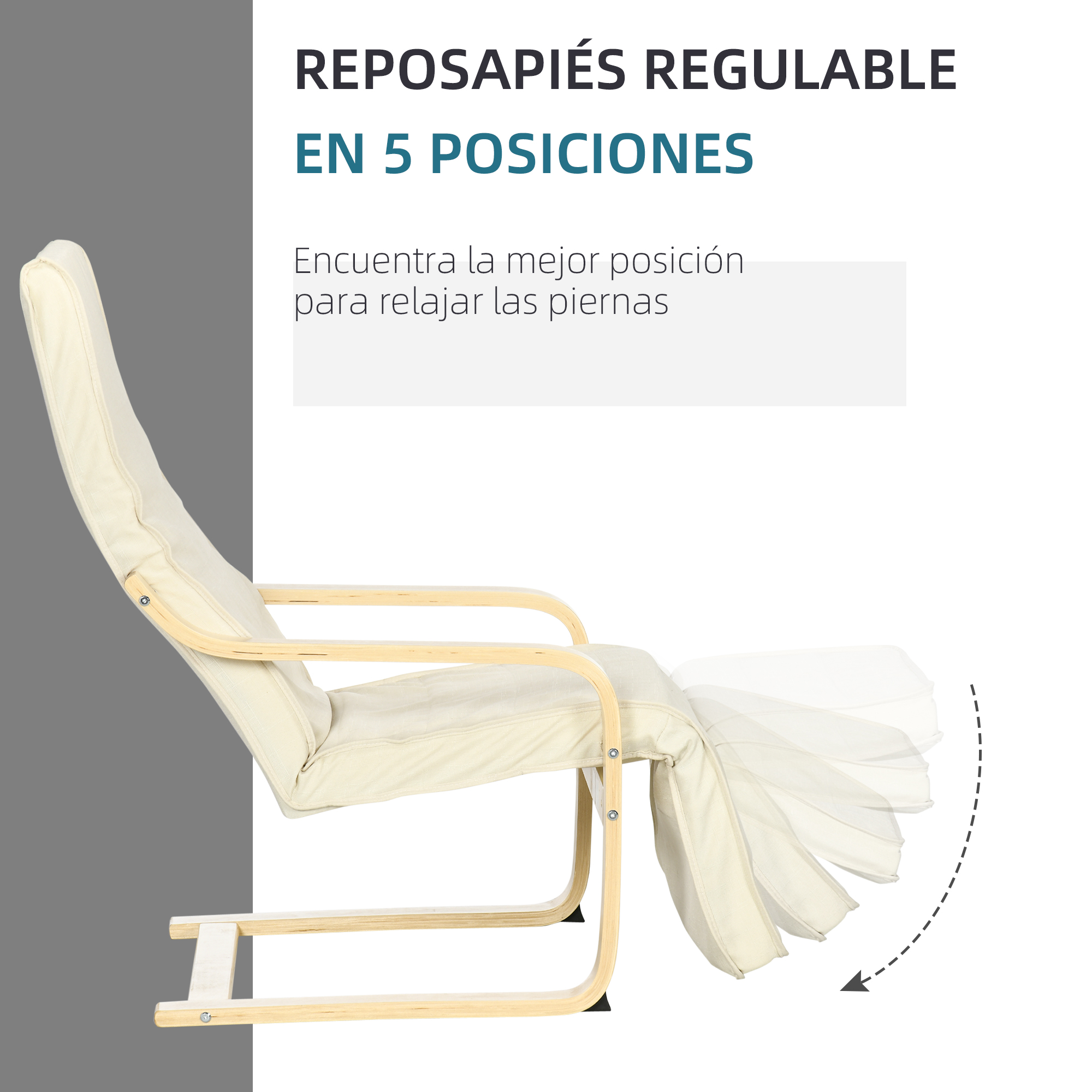 Sillón reclinable beige con estructura de madera, reposapiés ajustable en varias posiciones. Texto: Reposapiés ajustable en 5 posiciones.