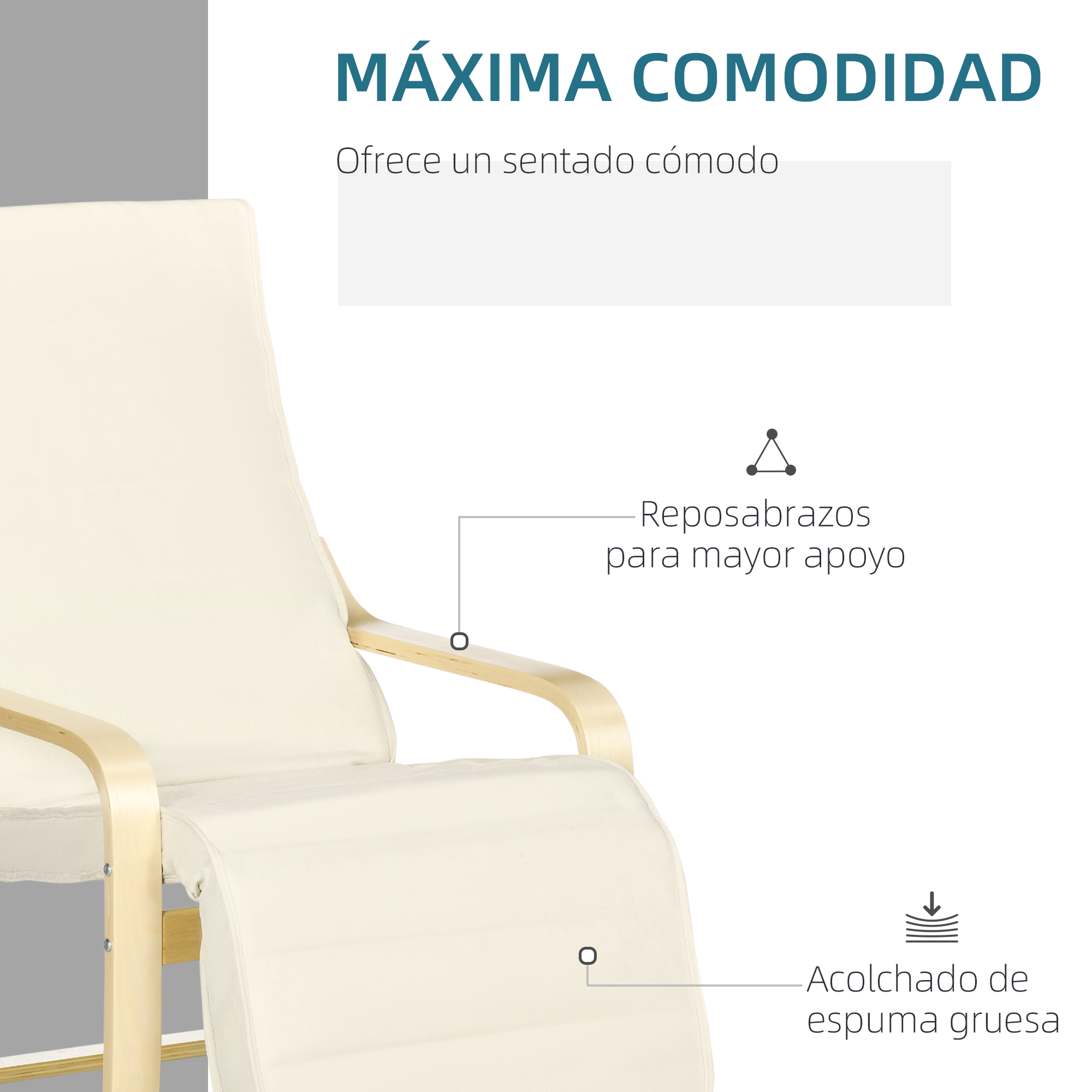 Primer plano de una silla crema con reposabrazos de madera. El texto destaca características como el acolchado de espuma gruesa y reposabrazos.