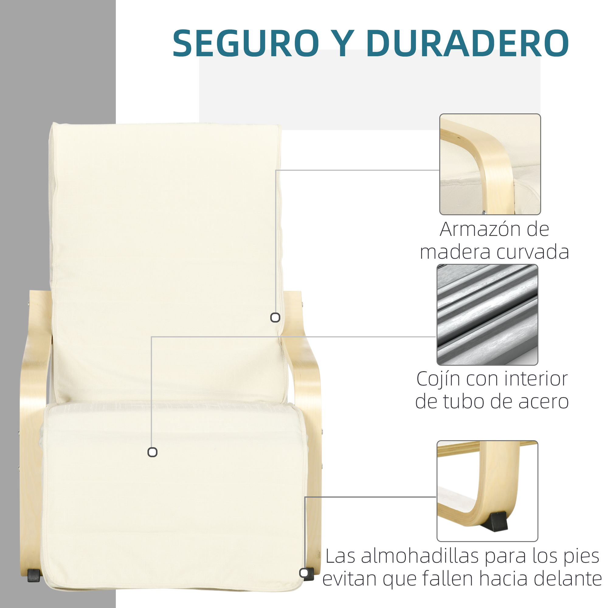 Silla color crema con estructura de madera y cojín de tubo de acero. El texto dice 'SEGURO Y DURADERO' y detalles.