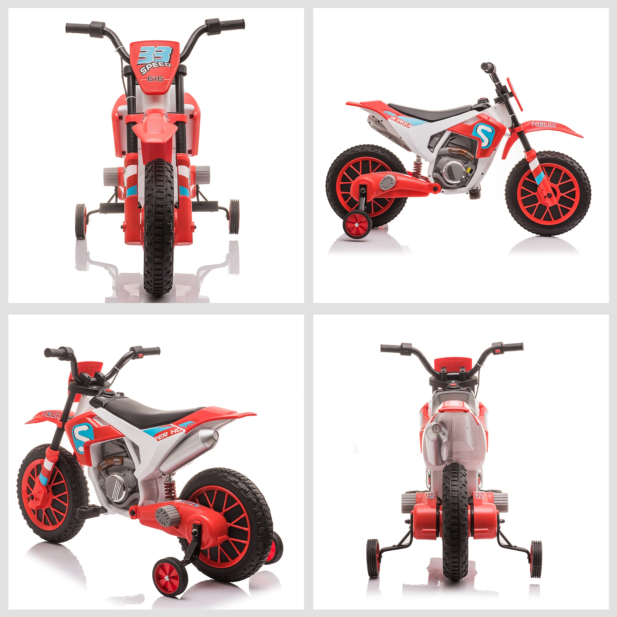 Una motocicleta de juguete roja y blanca con ruedas de entrenamiento se presenta desde múltiples ángulos sobre un fondo blanco.
