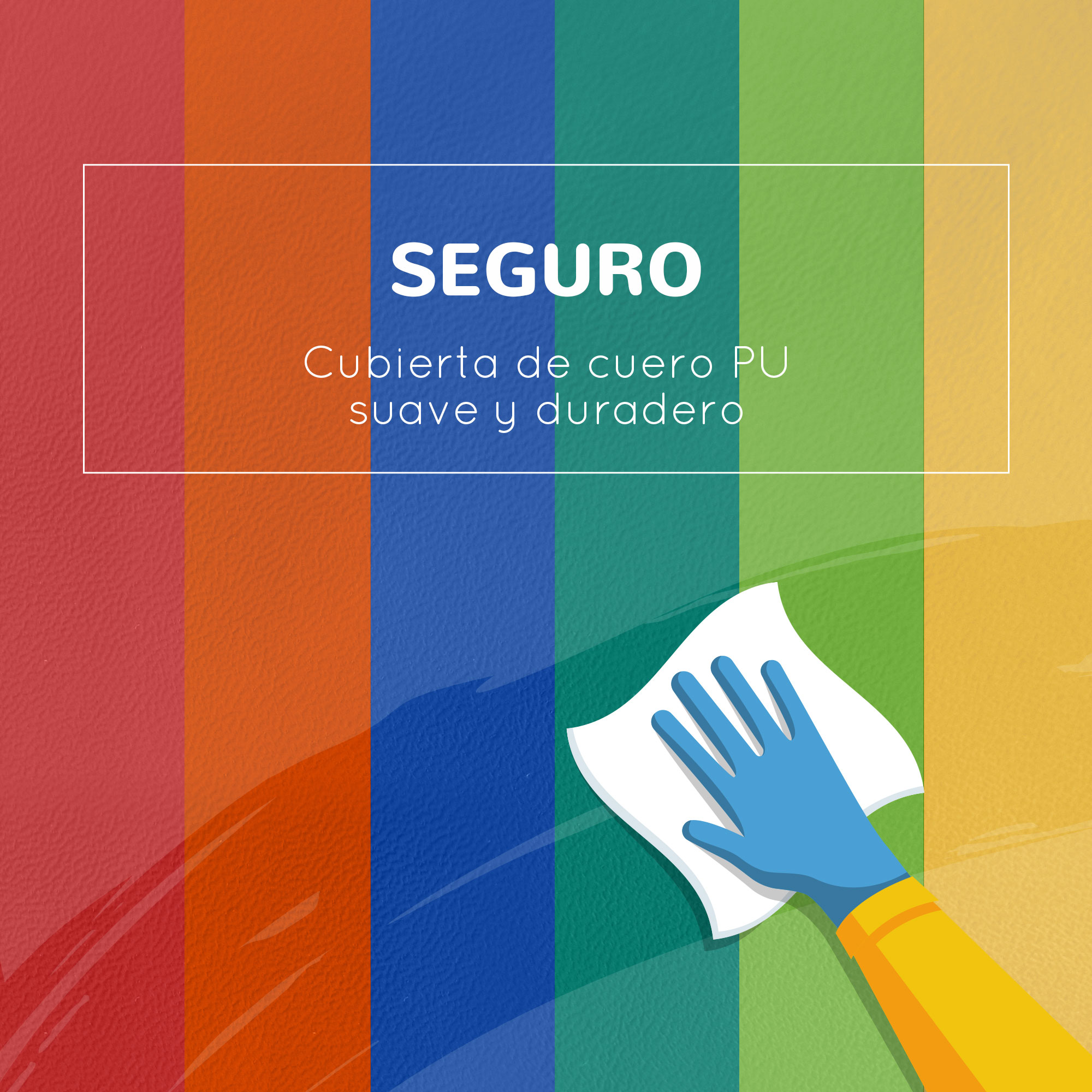 La imagen presenta rayas coloridas, texto: SEGURO, y una mano con guante azul limpiando con un paño blanco.