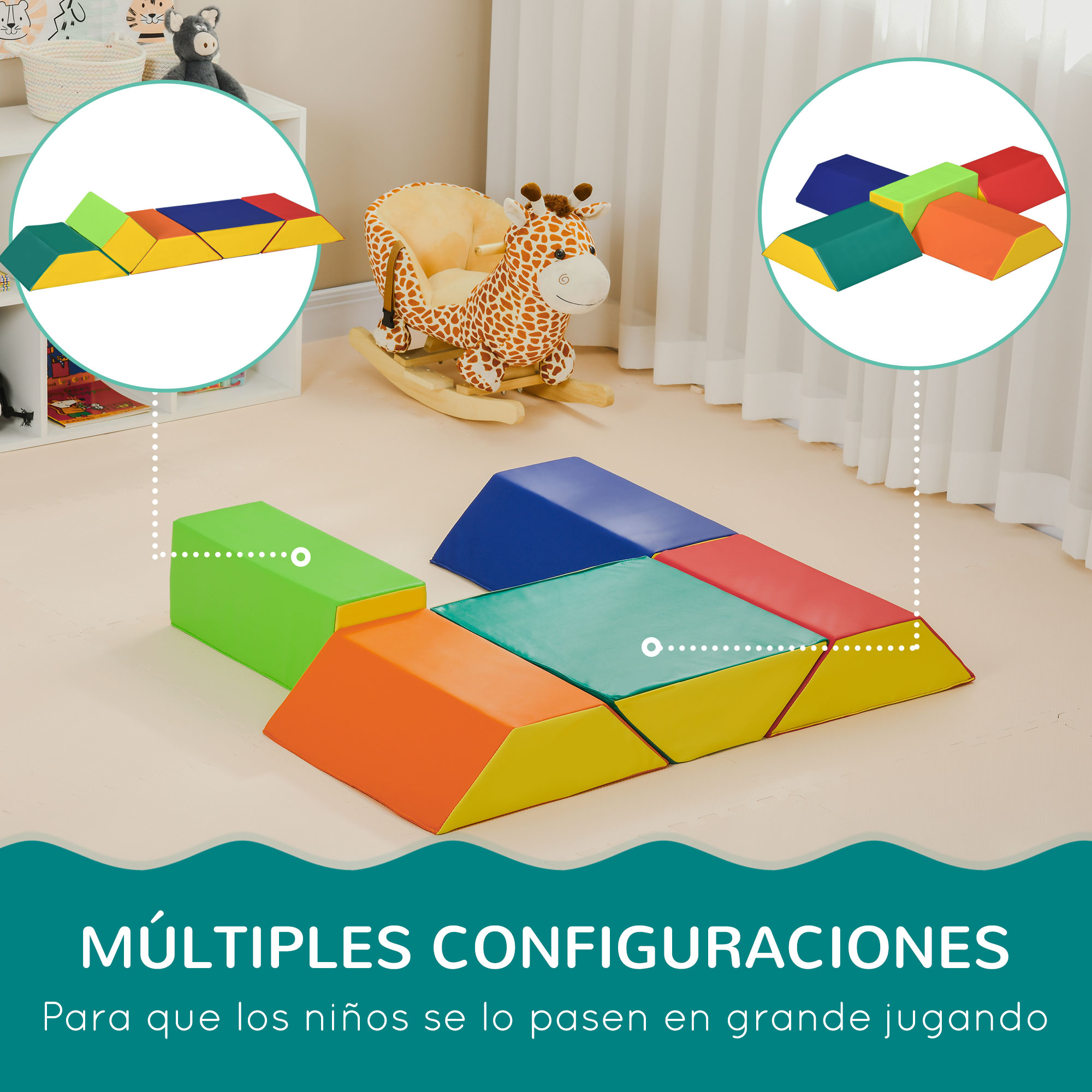 La imagen muestra bloques de espuma coloridos en diferentes configuraciones. En el fondo hay una mecedora de jirafa. El texto dice 'Múltiples configuraciones'.