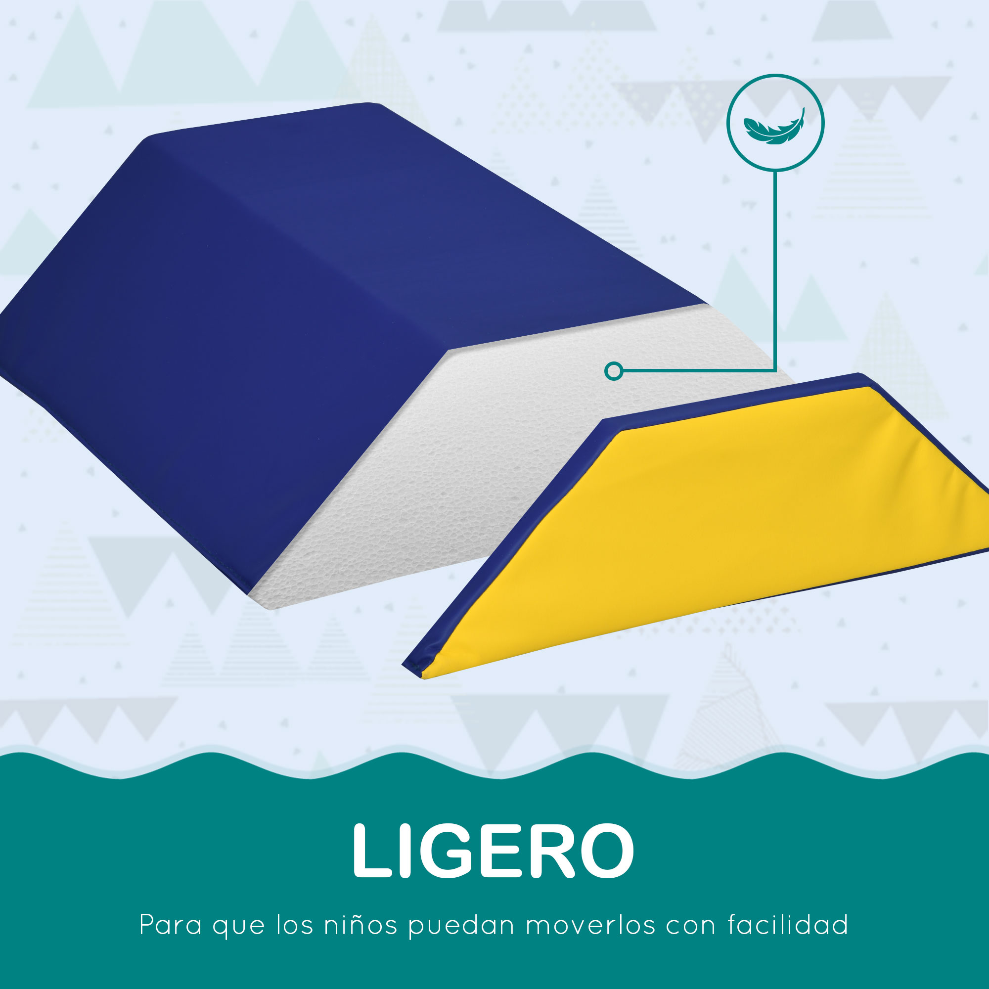 La imagen muestra un bloque de espuma azul y amarillo. El fondo es azul claro con triángulos blancos.
