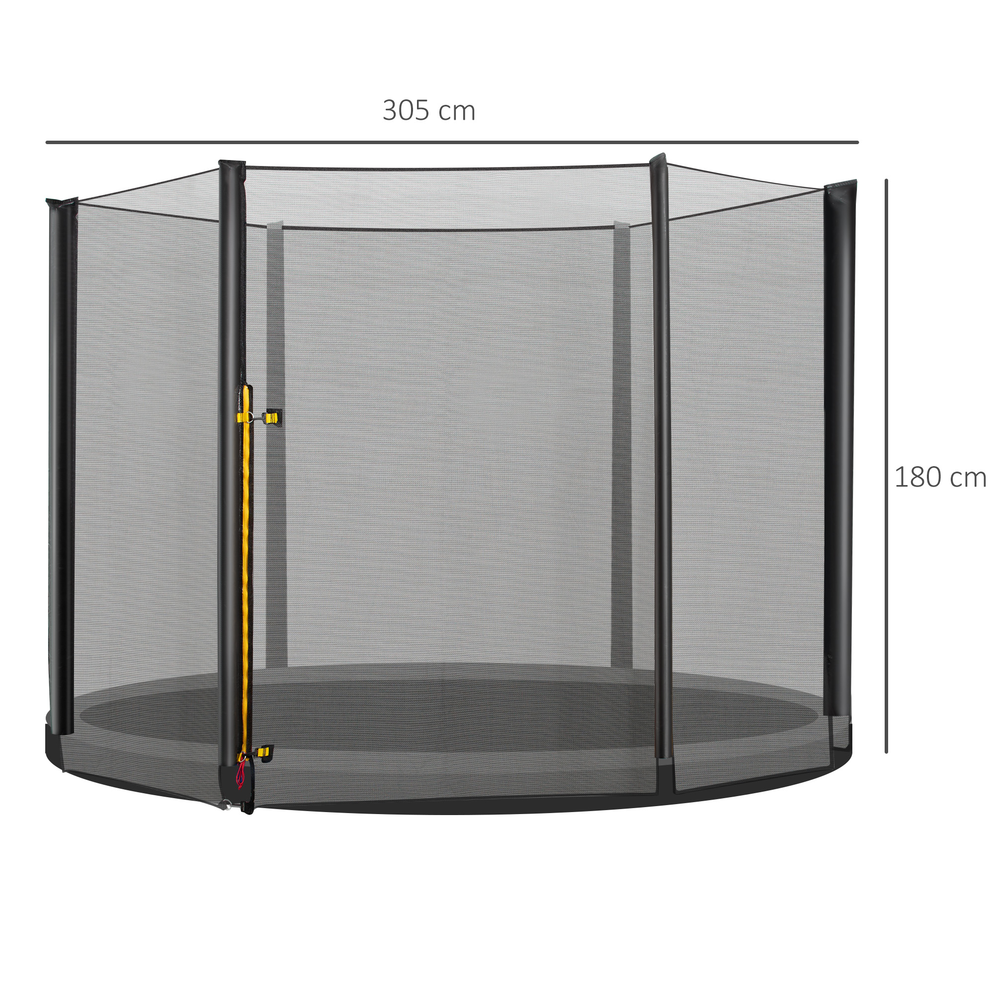 Un trampolín con marco negro y red de seguridad, cremallera amarilla y dimensiones: 305 cm de ancho, 180 cm de alto.