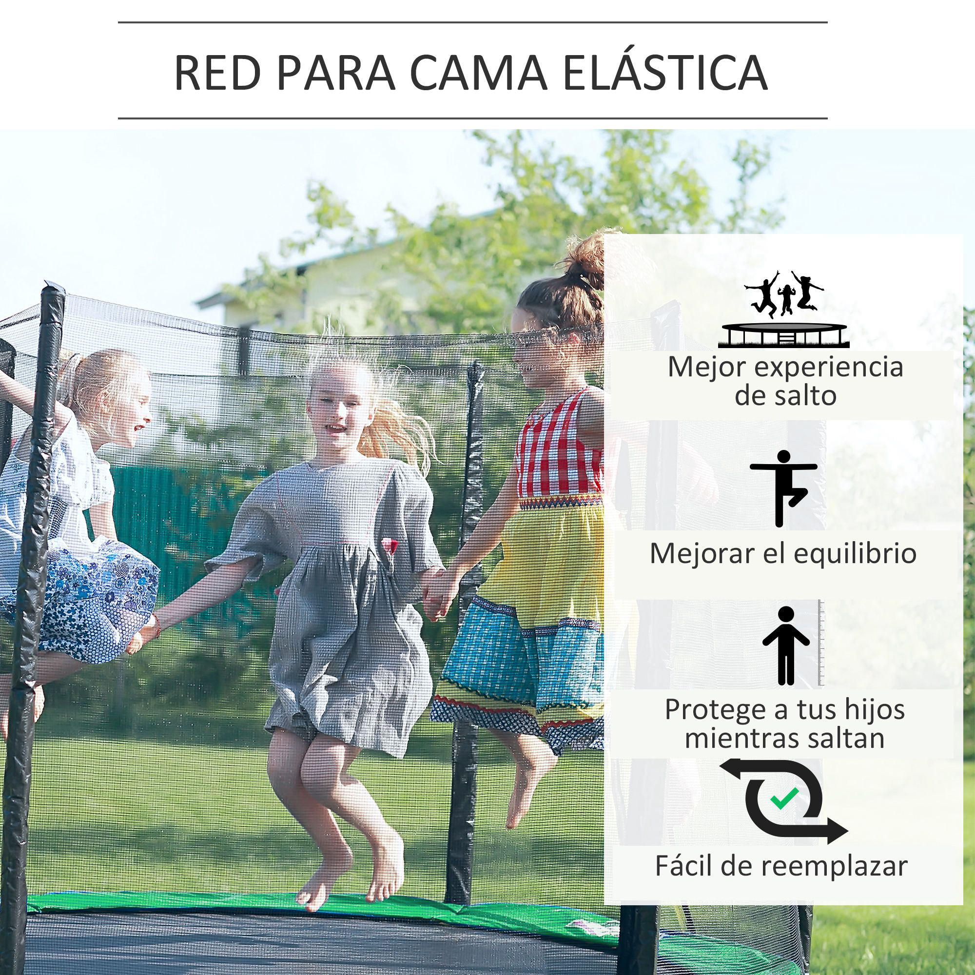 Tres niñas saltando en una cama elástica. La imagen incluye una red de seguridad y texto en español sobre seguridad y diversión.