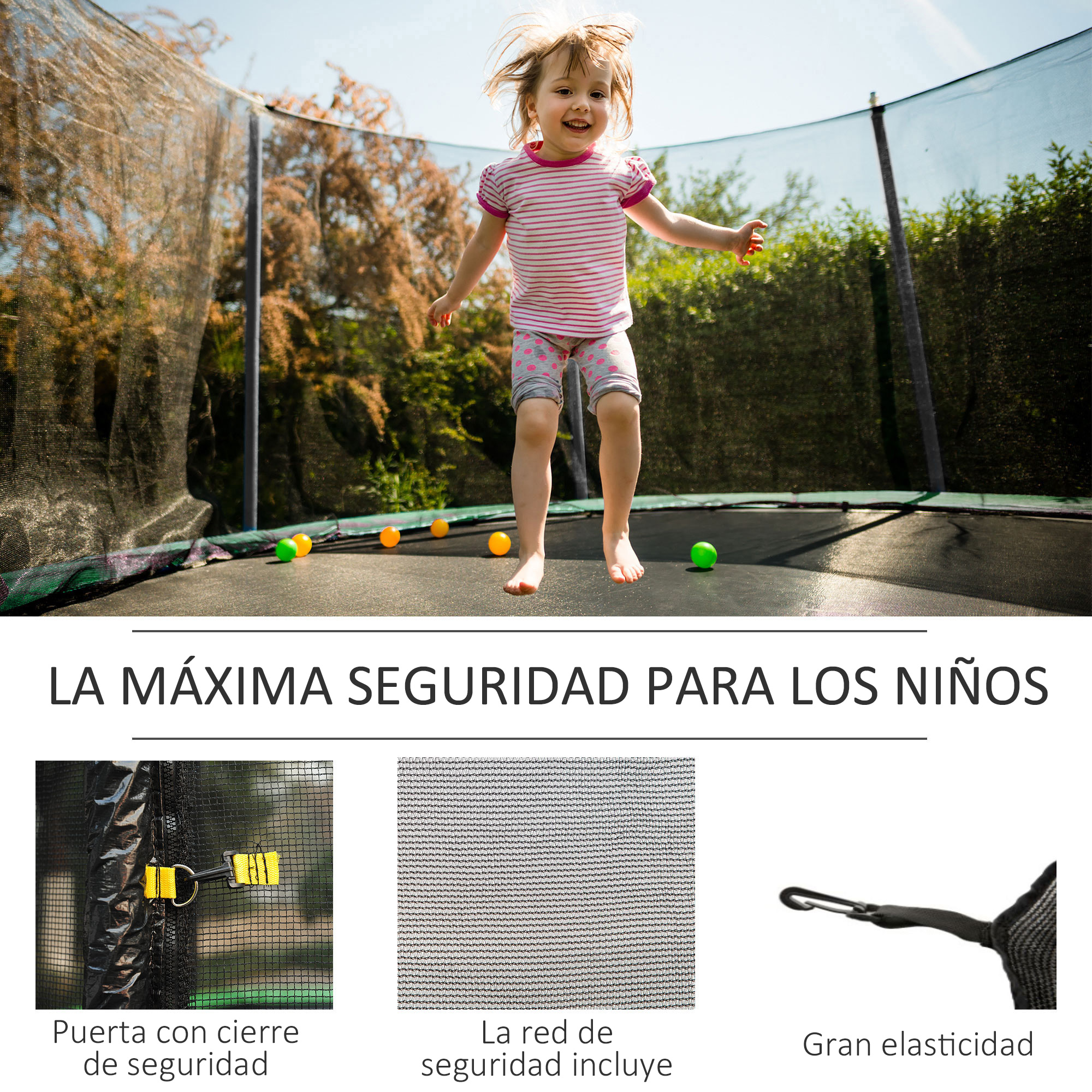 Un niño salta en una cama elástica. La cama elástica tiene una red de seguridad. El niño lleva una camisa rosa a rayas.