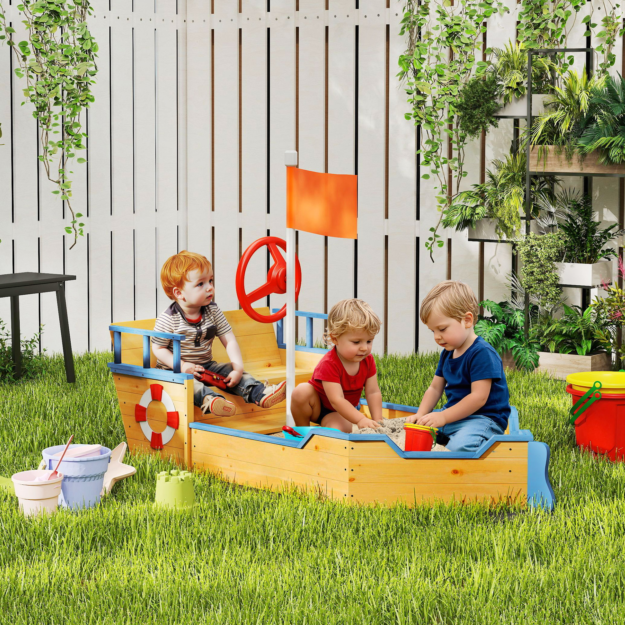 Tres niños juegan en una caja de arena con forma de barco de madera. Hierba verde los rodea. Una valla blanca y plantas al fondo.