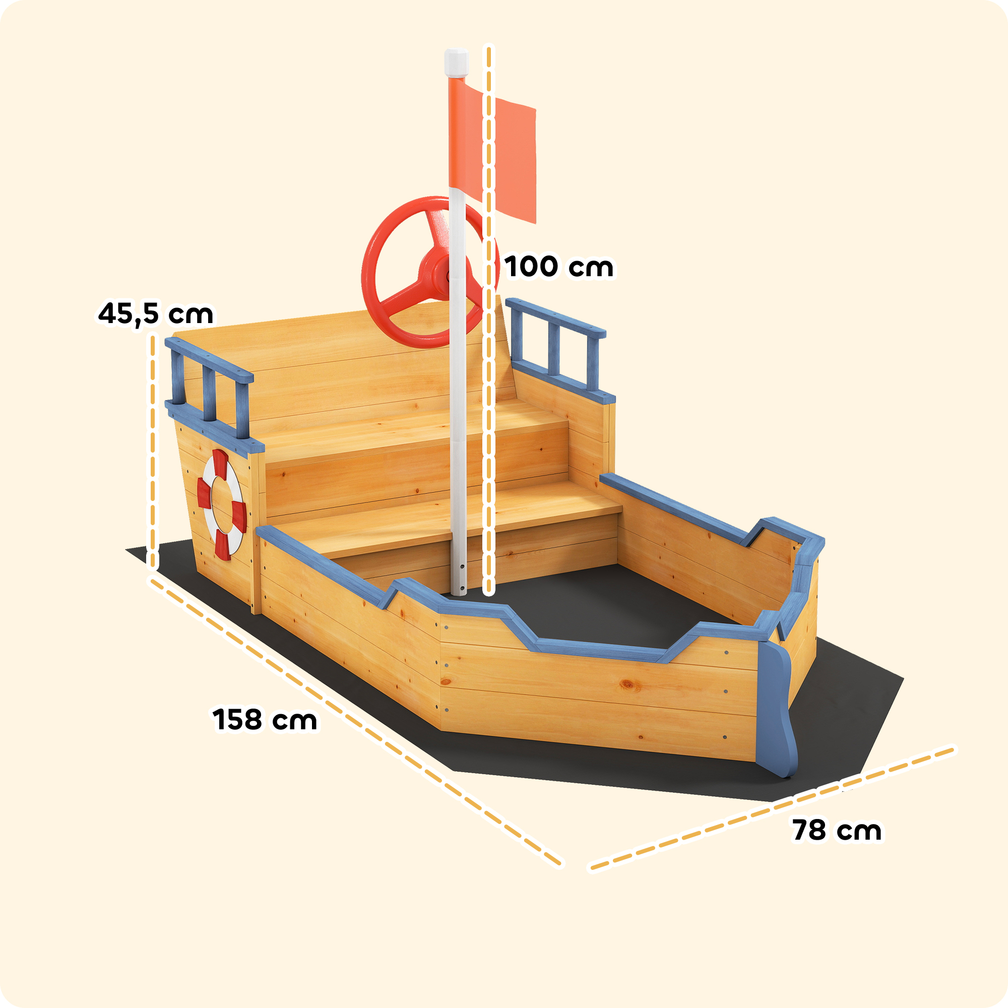 Arenero de madera con forma de barco, con volante rojo, bandera y salvavidas. Dimensiones etiquetadas.