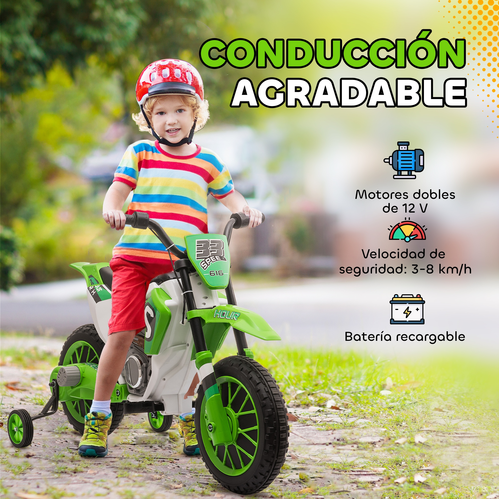 Un niño con casco monta una moto de juguete verde y blanca. El texto incluye 'Conducción Agradable' y especificaciones técnicas.