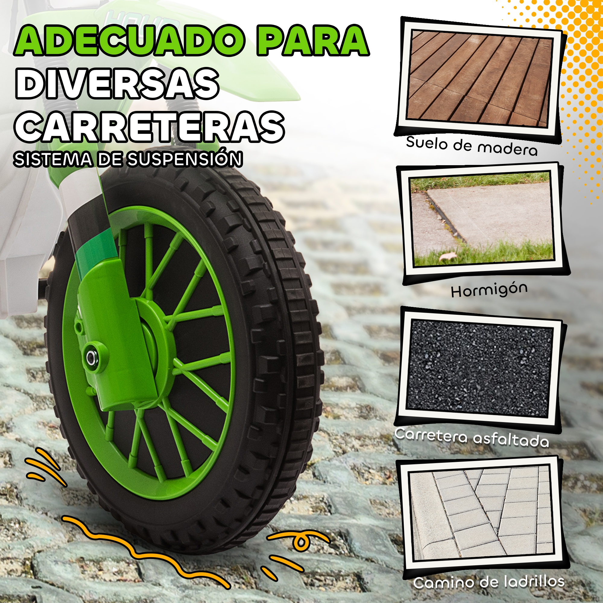 Una rueda de moto de juguete verde y negra. El texto dice 'Adecuado para diversas carreteras' y muestra ejemplos de superficies viales.