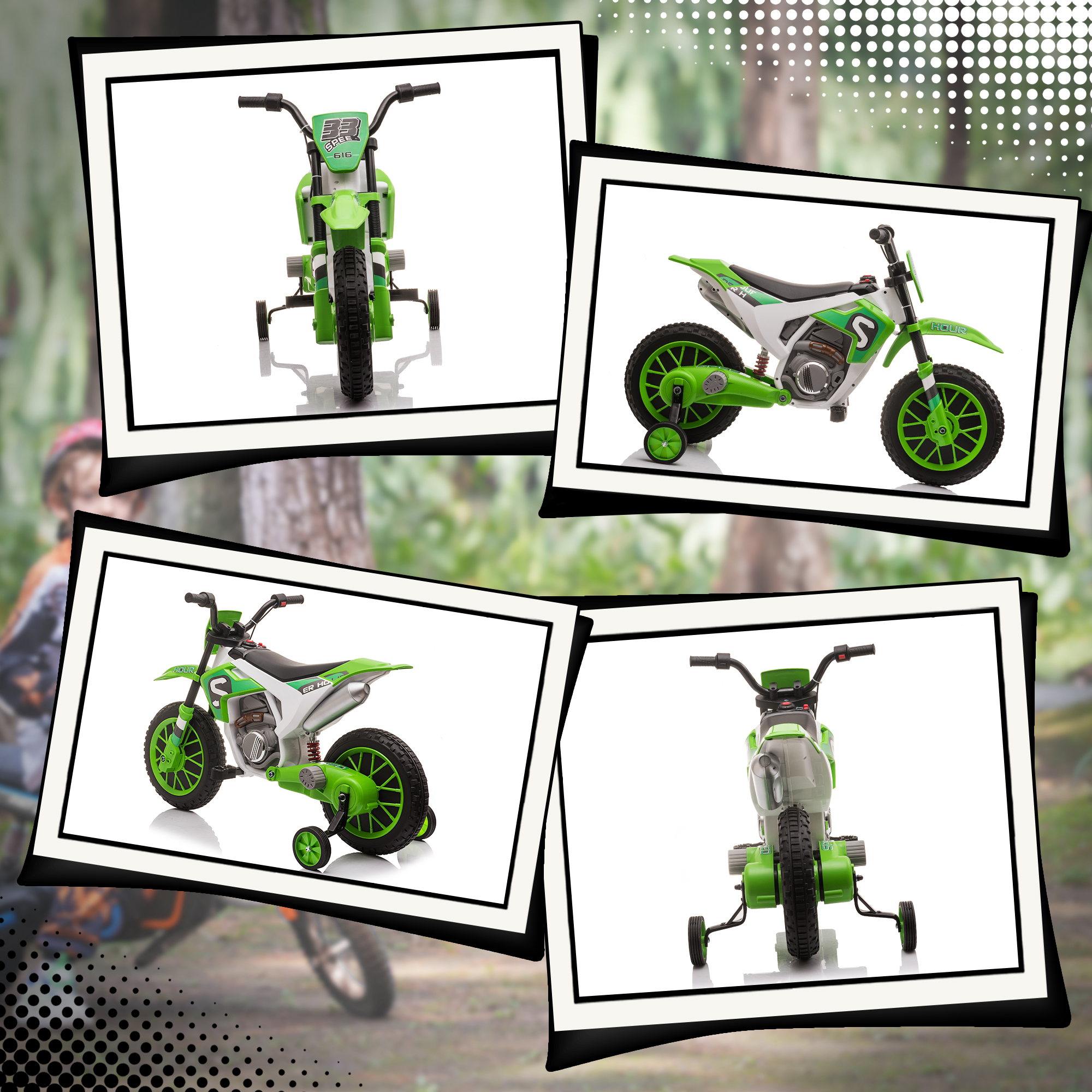 La imagen muestra una moto de juguete verde desde diferentes ángulos. Tiene ruedines y un fondo blanco.