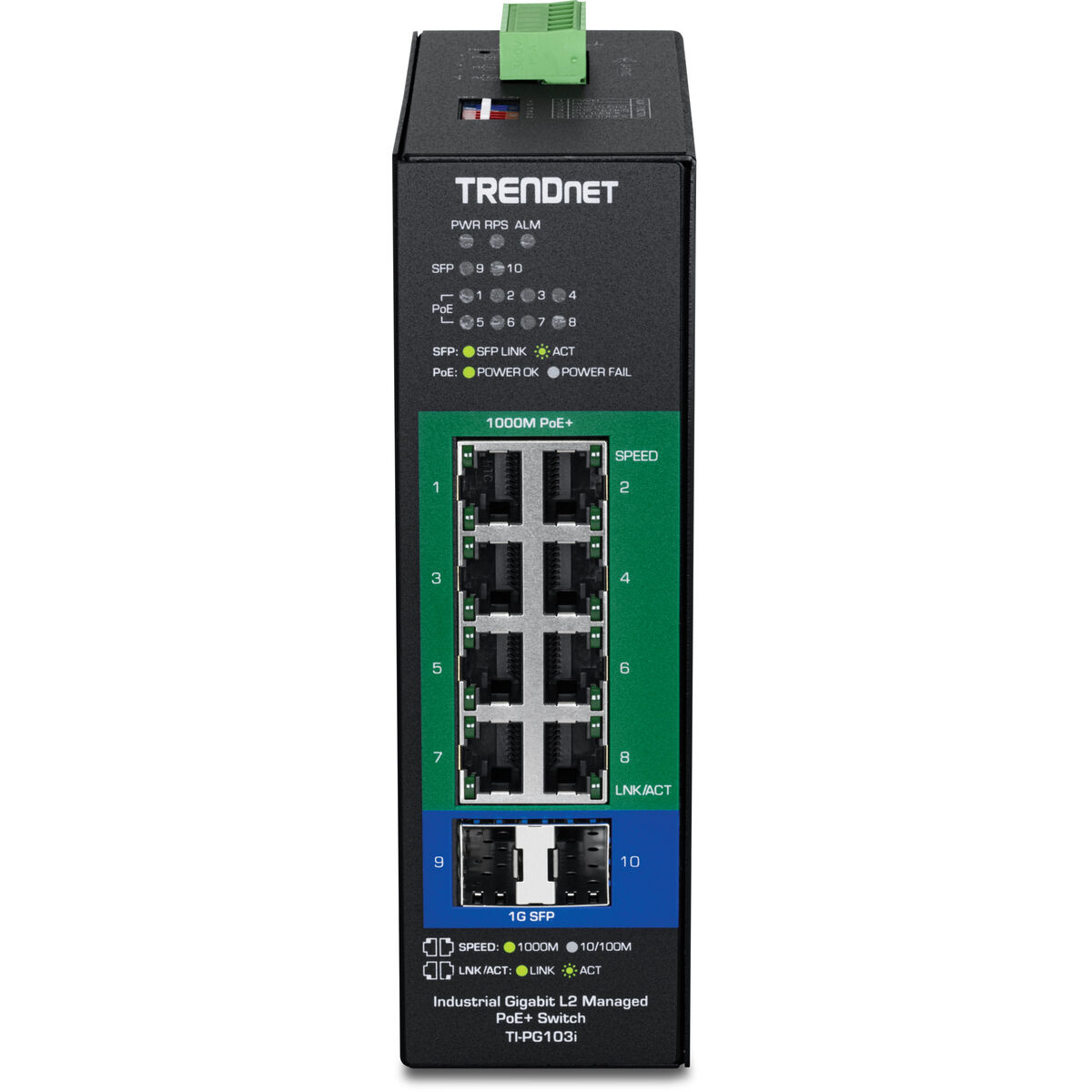 Uno switch PoE+ industriale TRENDnet nero. Ha diverse porte, indicatori LED ed etichette per alimentazione, SFP e connessioni Ethernet.