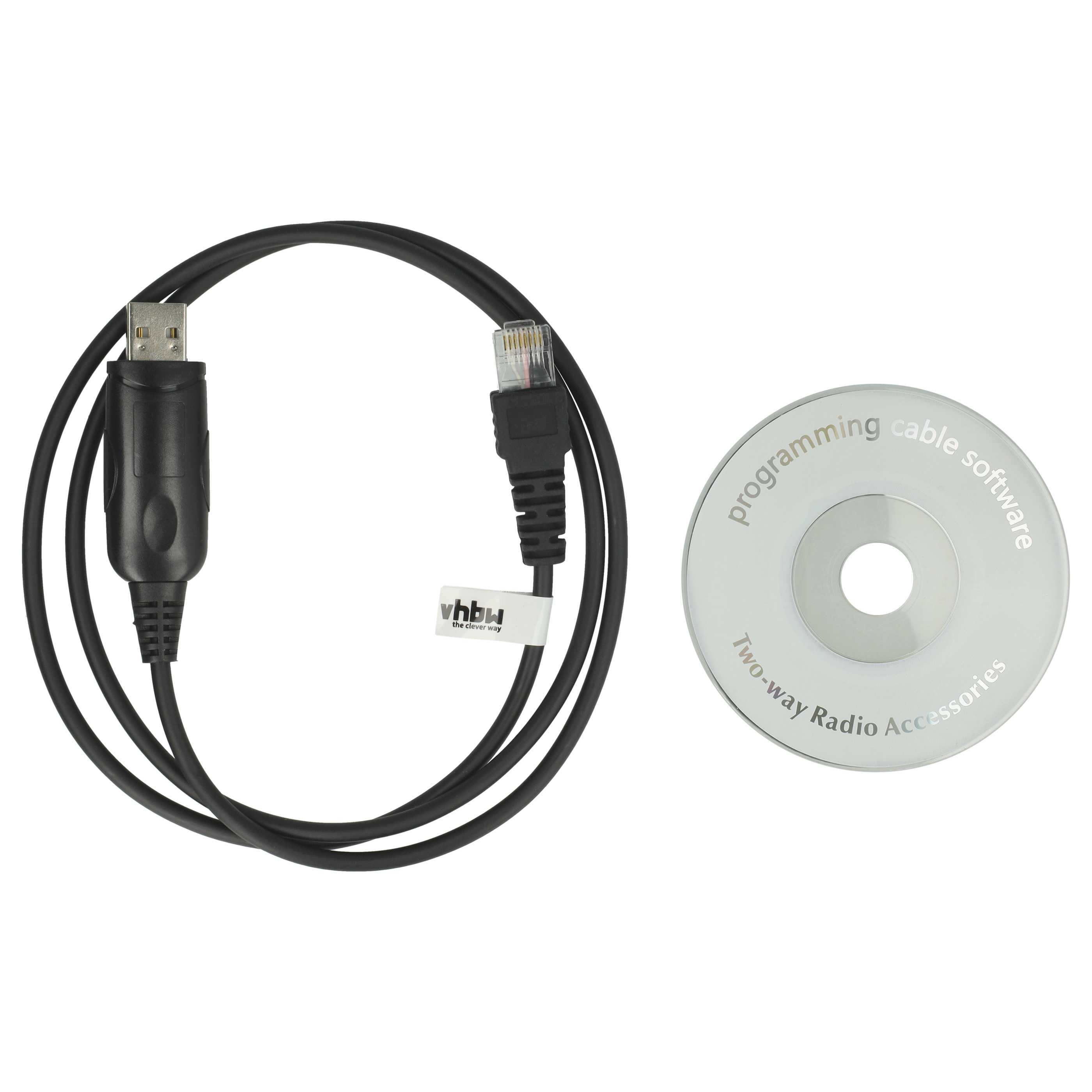 Schwarzes Programmierkabel mit USB- und RJ45-Anschlüssen. Rechts ist eine CD mit Software.