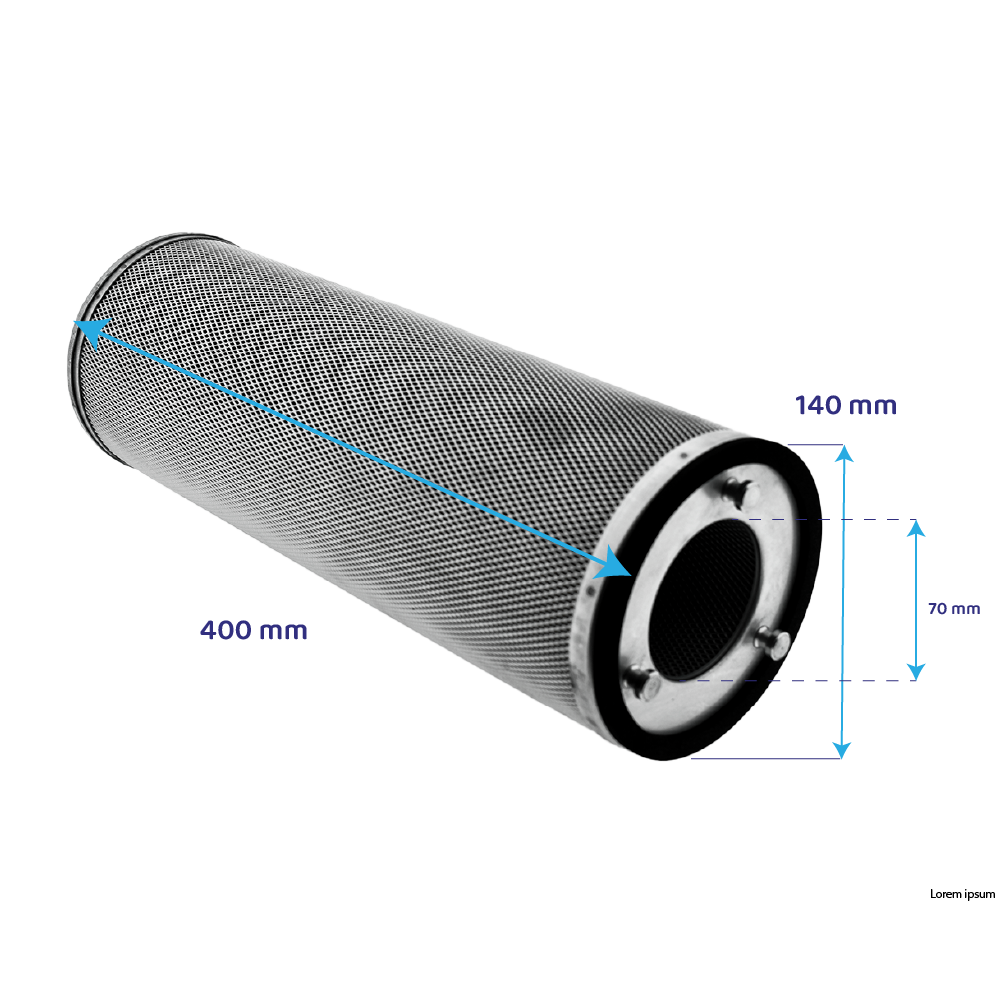 Un filtro cilindrico con dimensioni etichettate. Il filtro è lungo 400 mm e ha un diametro di 140 mm, con un'apertura di 70 mm.