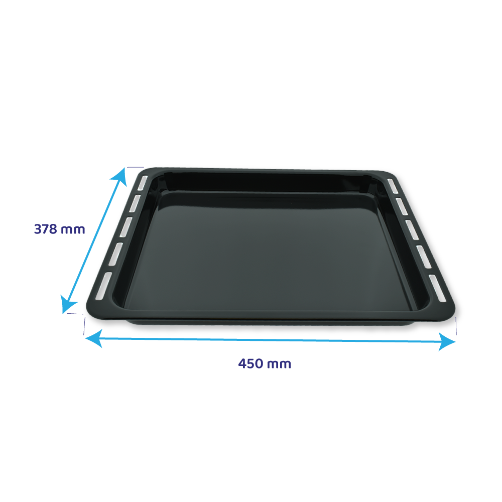 Gezeigt wird ein schwarzes Backblech, die Abmessungen sind mit 450 mm x 378 mm angegeben. Das Tablett ist leer und hat eine glänzende Oberfläche.