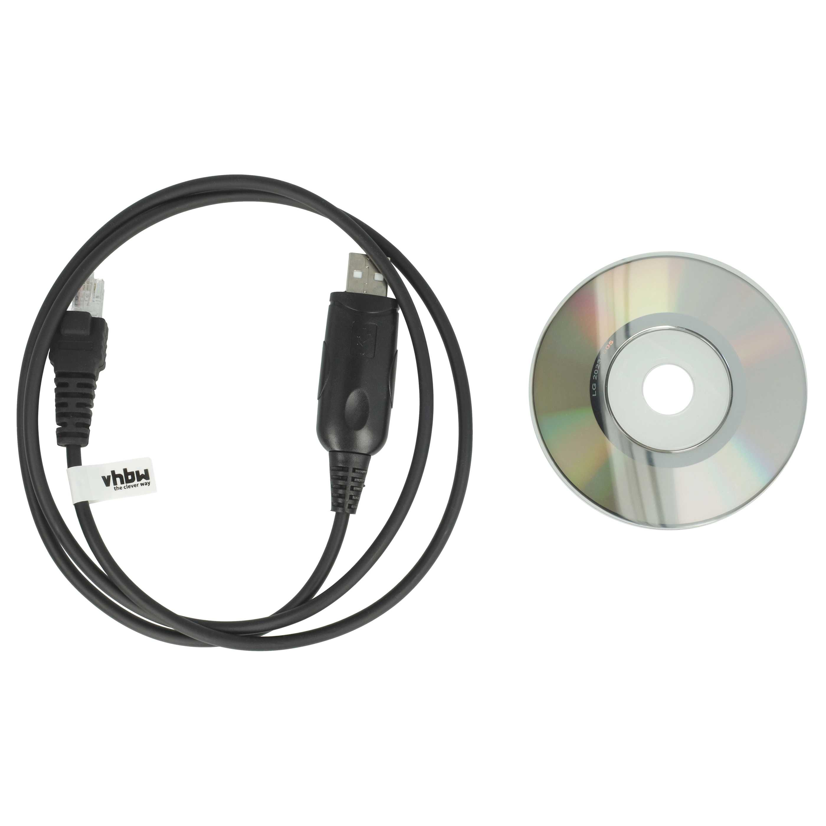 Schwarzes Kabel mit USB- und RJ45-Anschlüssen, eine CD, auf weißem Hintergrund. Das Kabel hat einen 'vhbw'-Aufkleber.