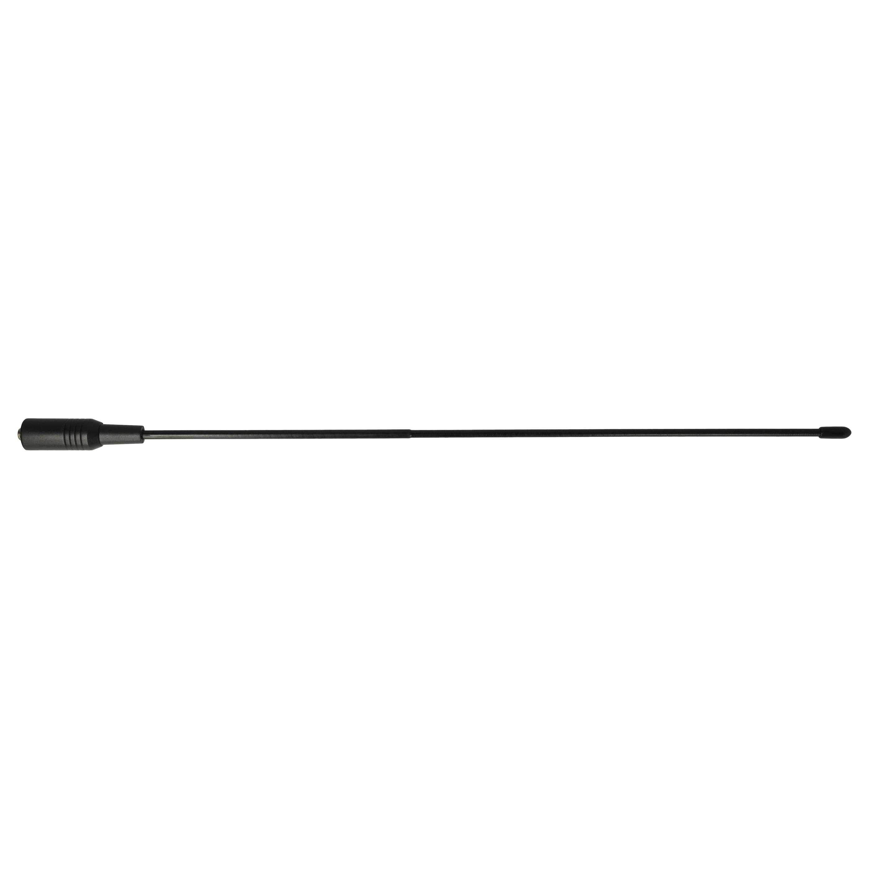 Eine schwarze Antenne auf weißem Hintergrund. Sie ist lang und dünn, mit rundem Sockel und spitzer Spitze.