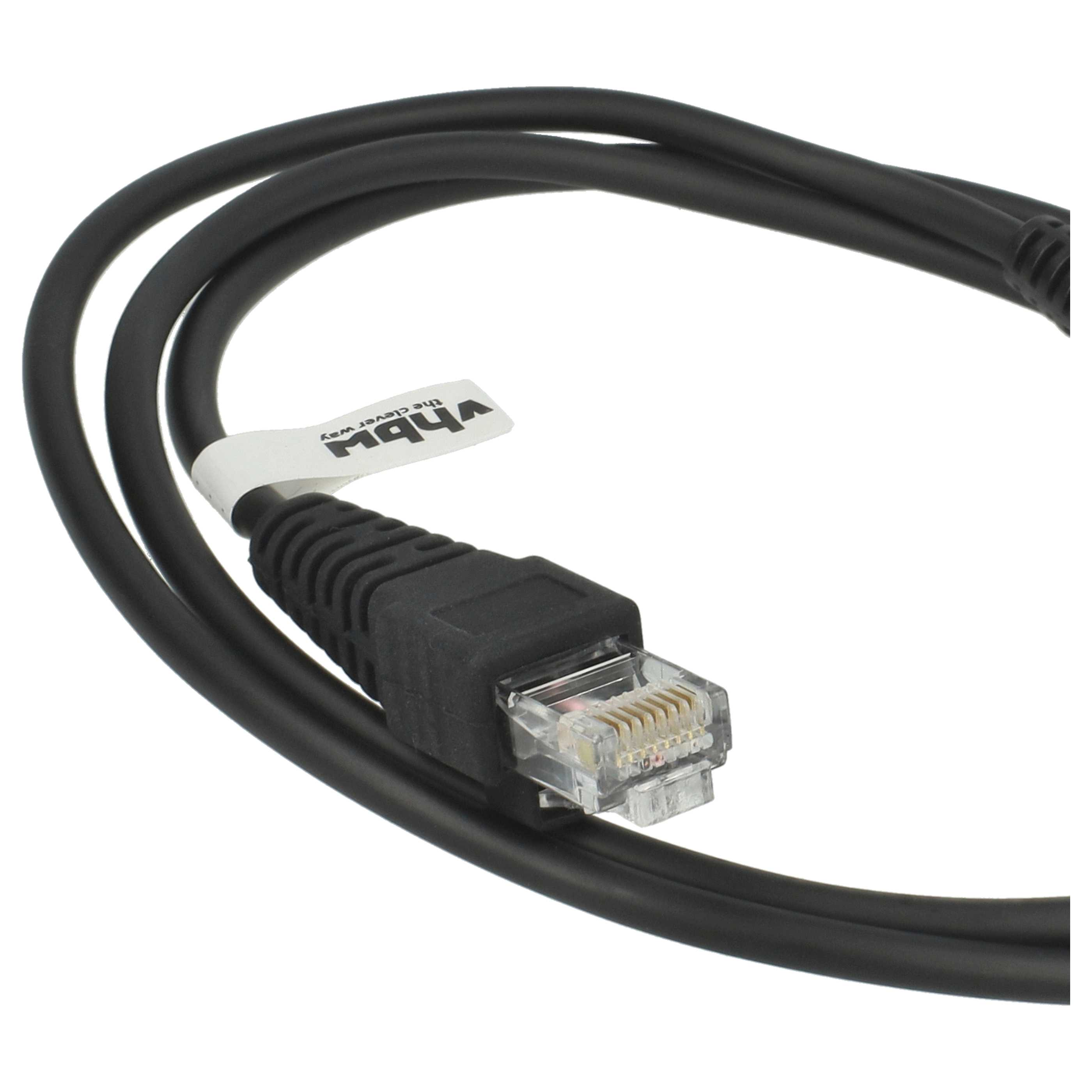 Ein schwarzes Ethernet-Kabel mit Stecker. Das Kabel hat ein weißes Etikett mit Text.