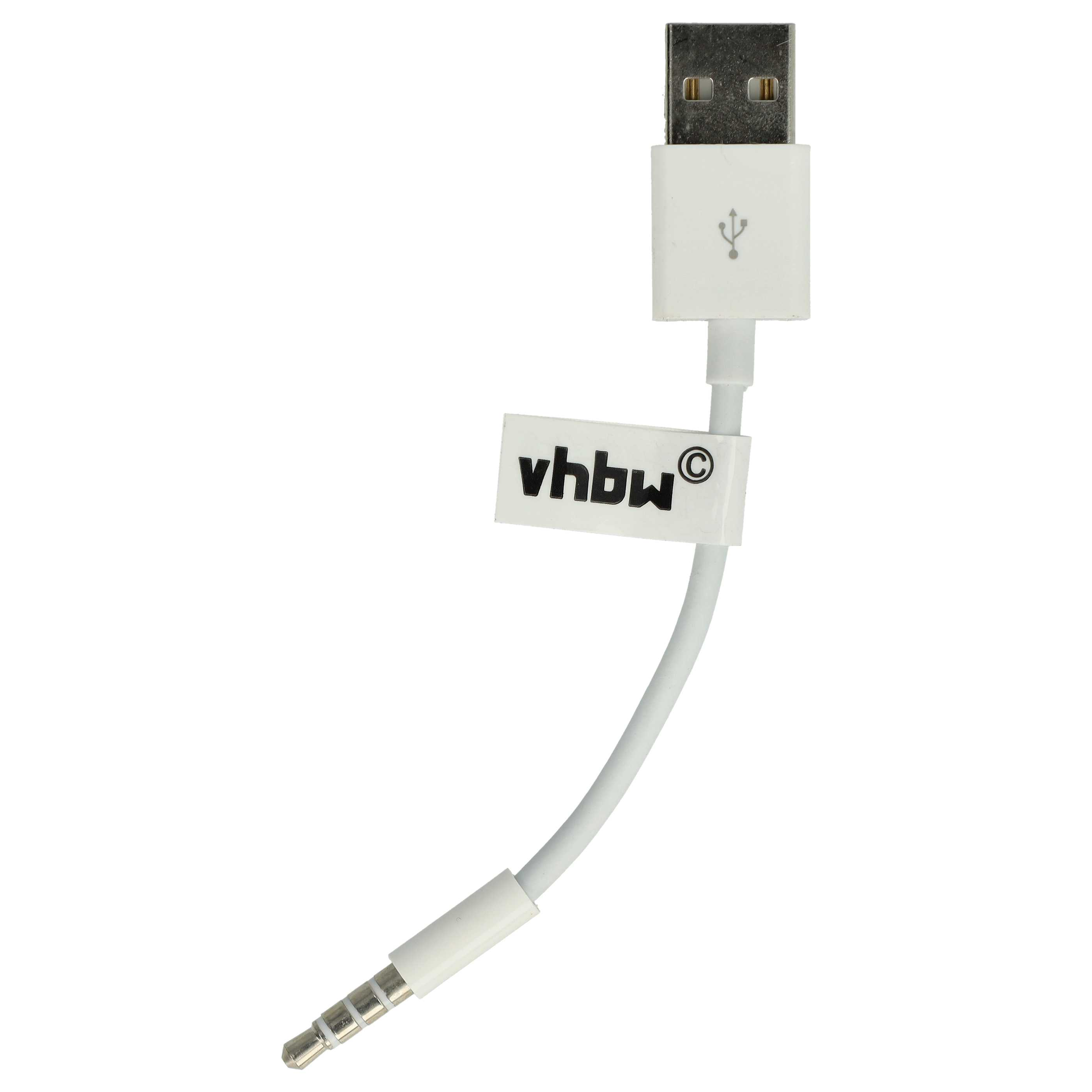 Ein weißes USB-zu-3,5-mm-Audiokabel auf weißem Hintergrund. Das Kabel hat einen USB-Anschluss, ein vhbw-Etikett und eine Audiobuchse.