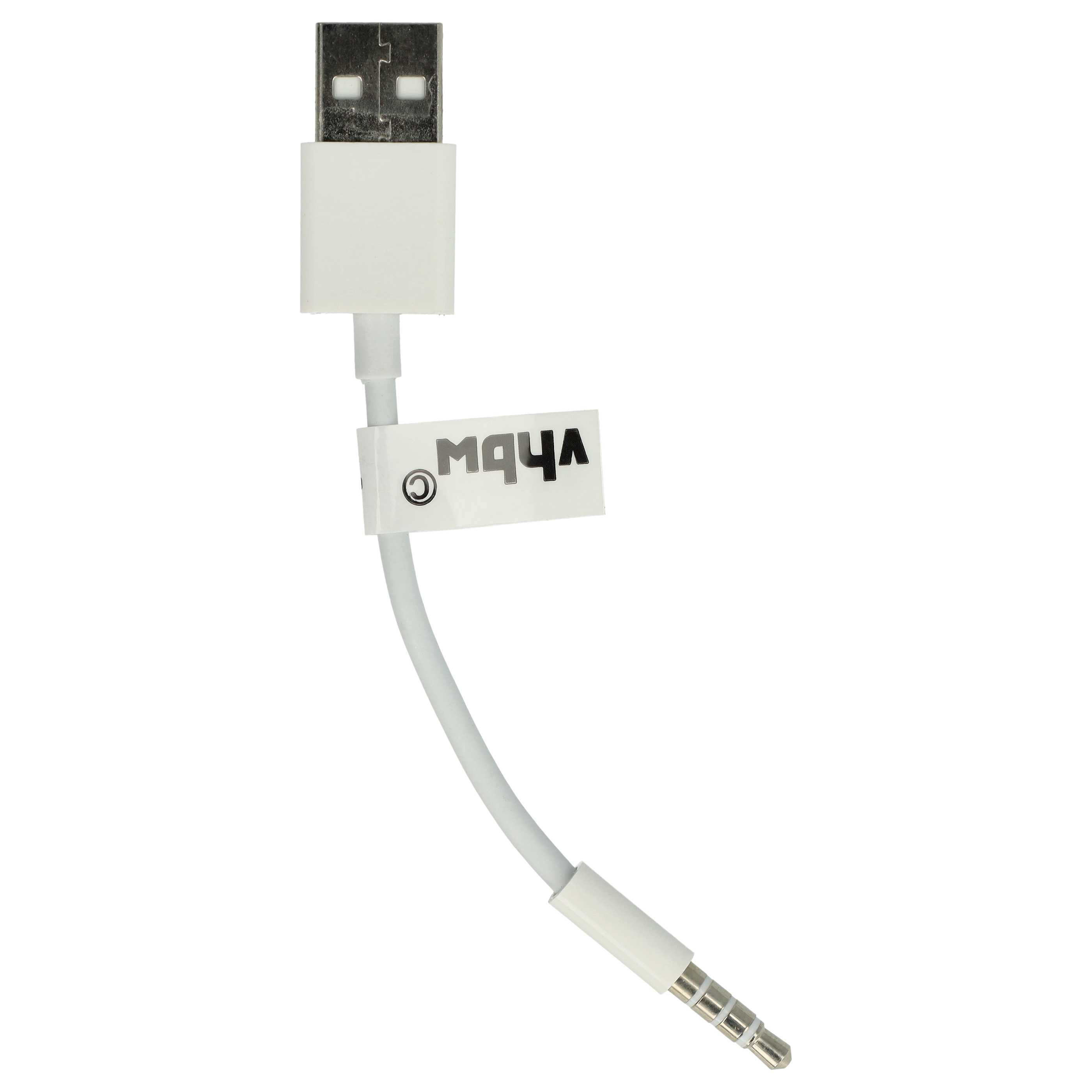 Ein weißes USB-zu-3,5-mm-Audiokabel. Es hat einen USB-Anschluss, ein Kabel und eine 3,5-mm-Audiobuchse. Der Hintergrund ist weiß.