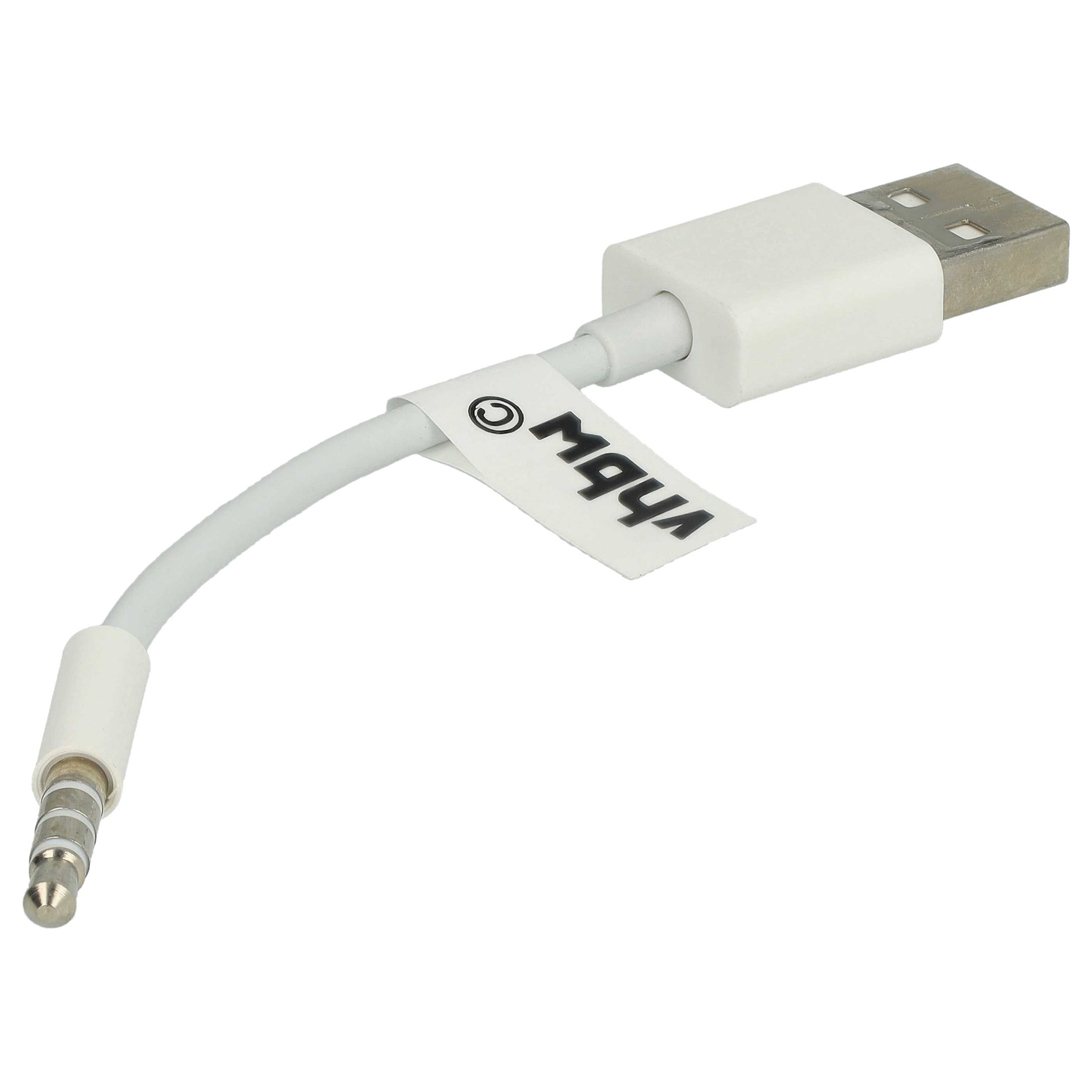 Ein weißes USB-zu-3,5-mm-Audiokabel. Es hat einen USB-Anschluss, ein Kabel mit Etikett und eine Audiobuchse.