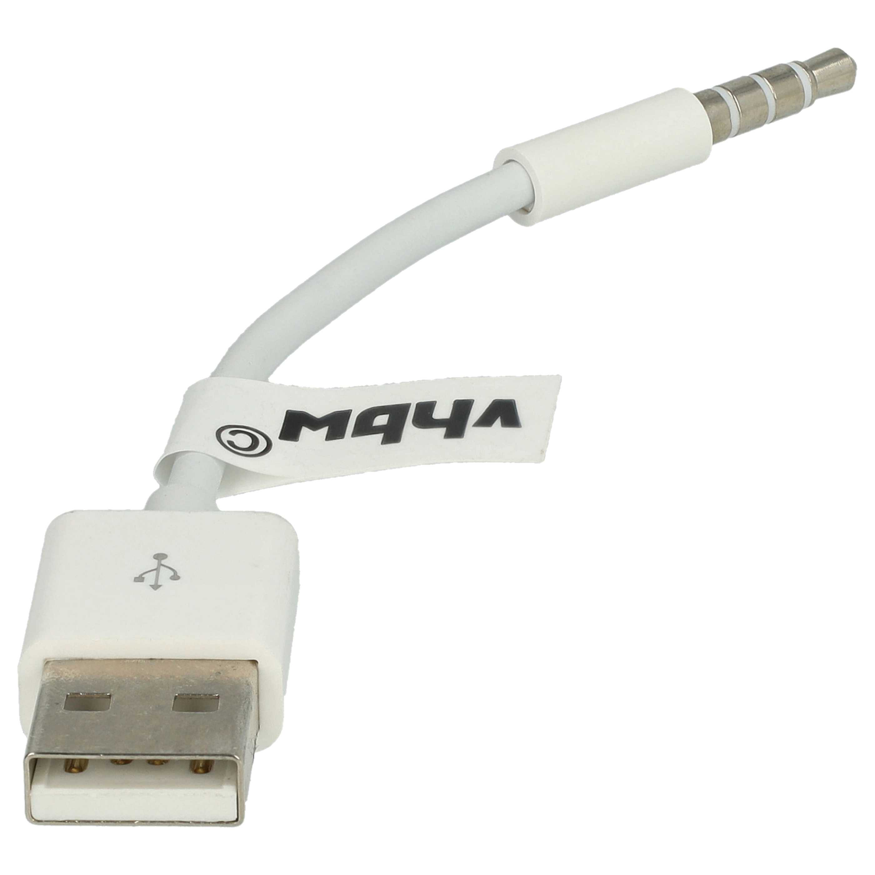 Ein weißes USB-auf-3,5-mm-Audiokabel. Es hat einen USB-Anschluss, das Kabel und eine 3,5-mm-Buchse. Ein Etikett mit Text ist angebracht.