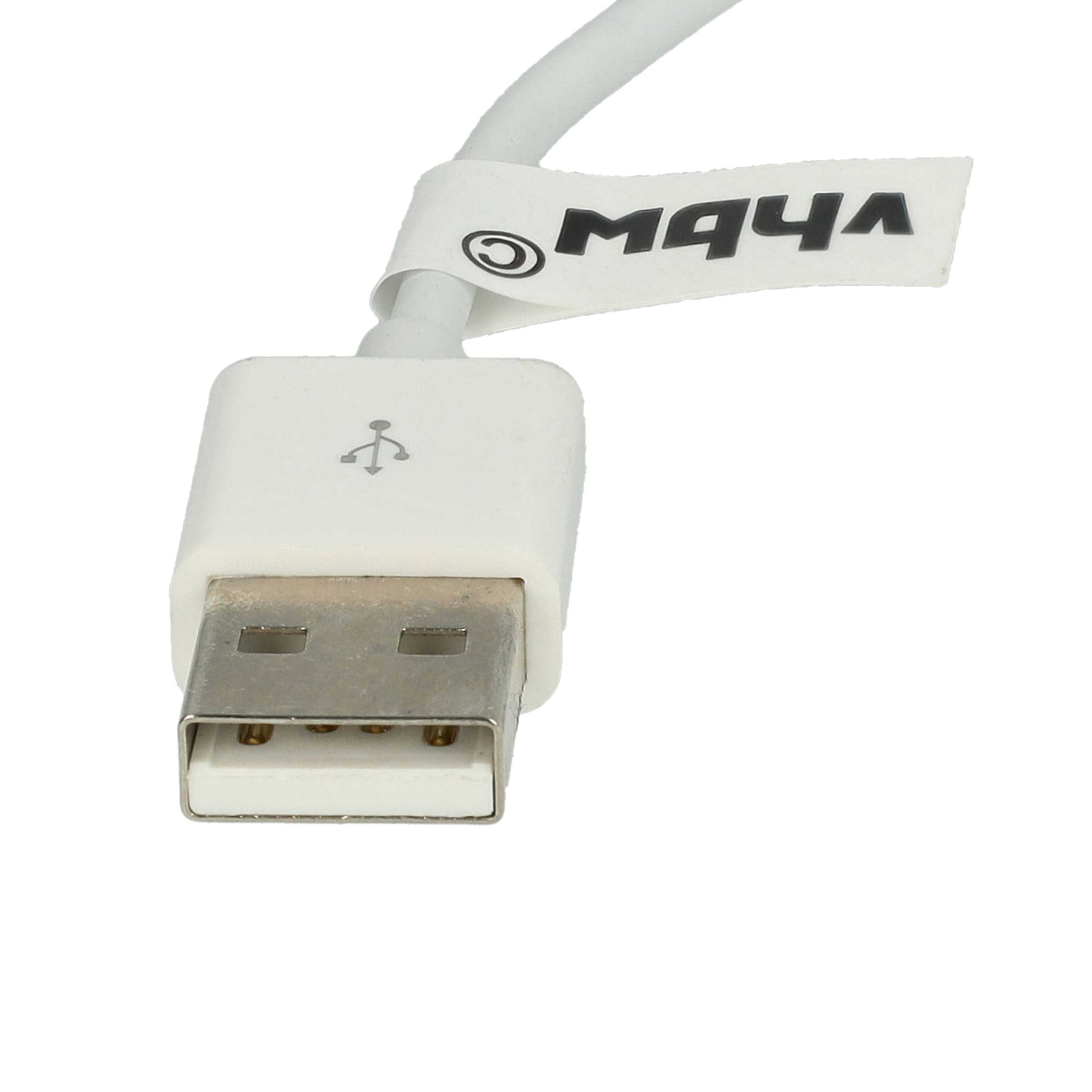 Ein weißes USB-Kabel mit Stecker. Ein Etikett mit schwarzem Text ist angebracht. Der Hintergrund ist weiß.